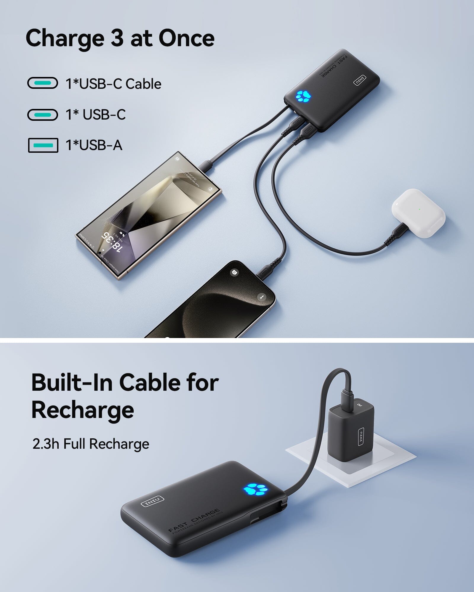 [New] INIU Pawsible P41L-E1 Power Bank with Build in Cable Slimmest 20W 10000mAh