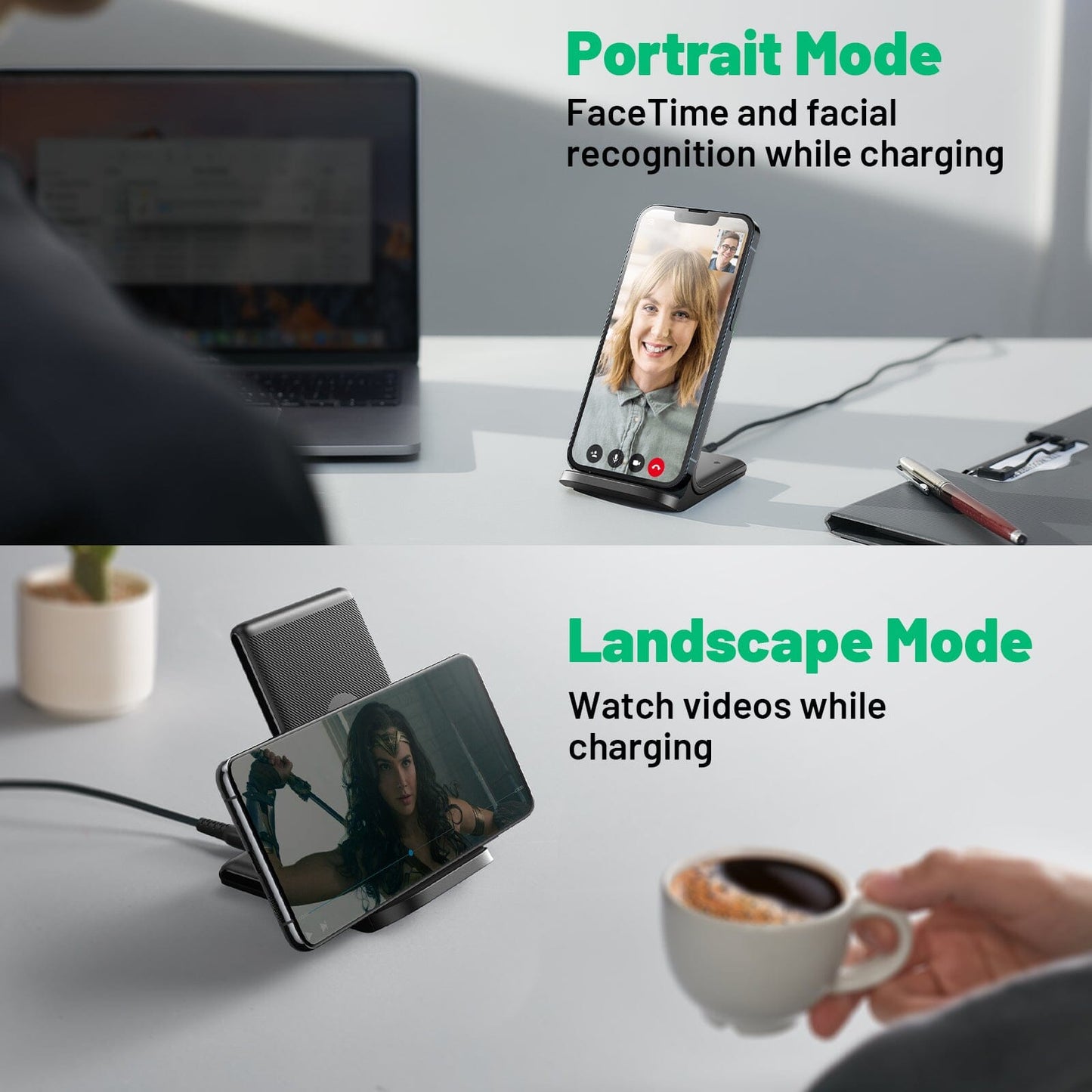 INIU I211 Wireless Charger: Portrait & Landscape mode for FaceTime, video, and charging.