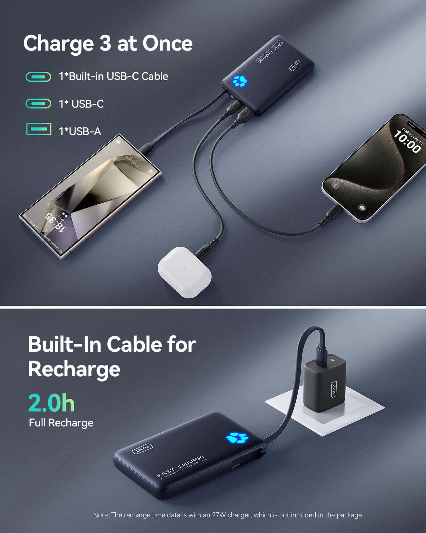 INIU P41L-E1 Power Bank charging multiple devices with built-in USB-C cable and USB-A port, fast charging