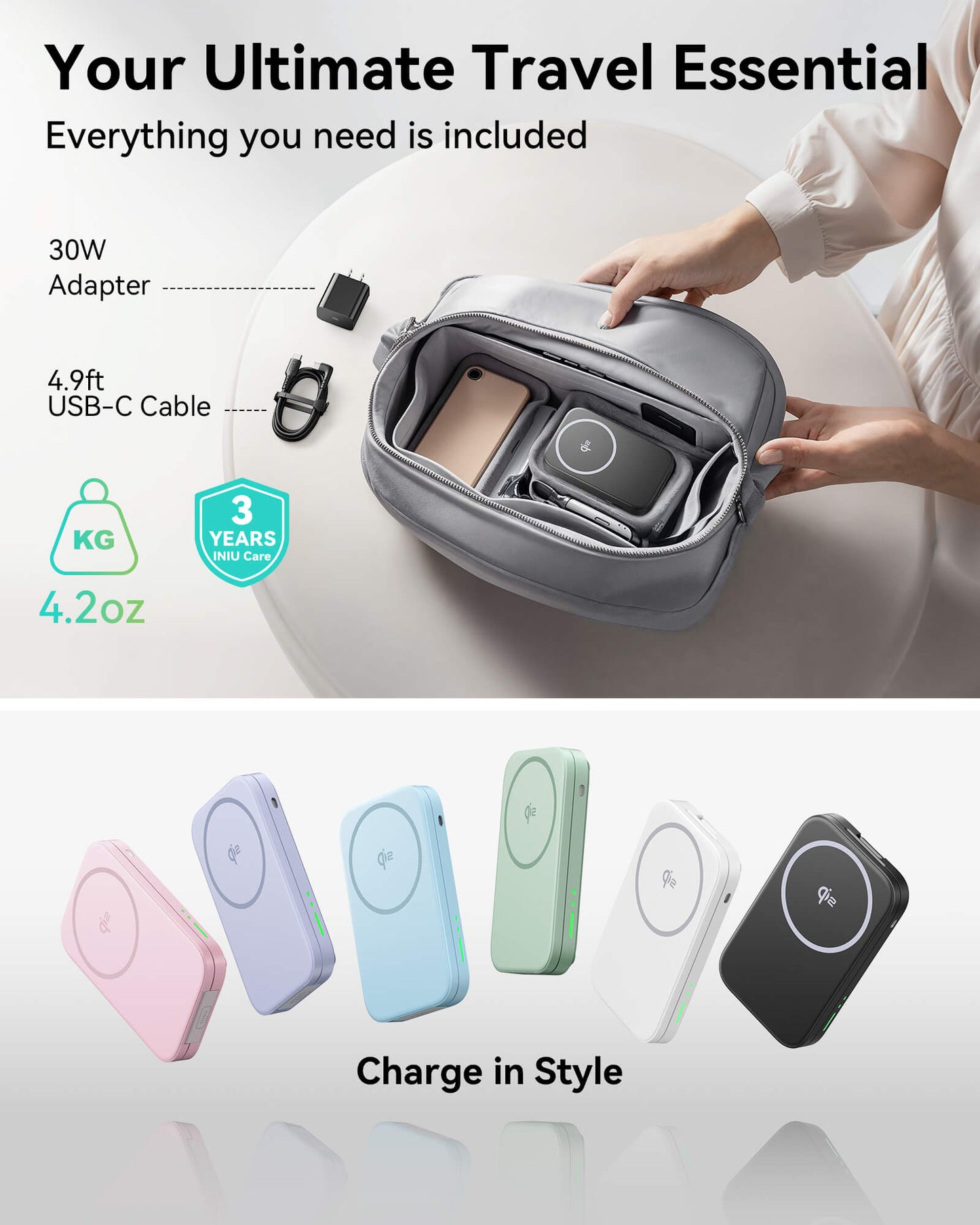 INIU's travel essential kit with a 3-in-1 foldable charger for iPhone 17, plus adapter & cable, shown in multiple colors.