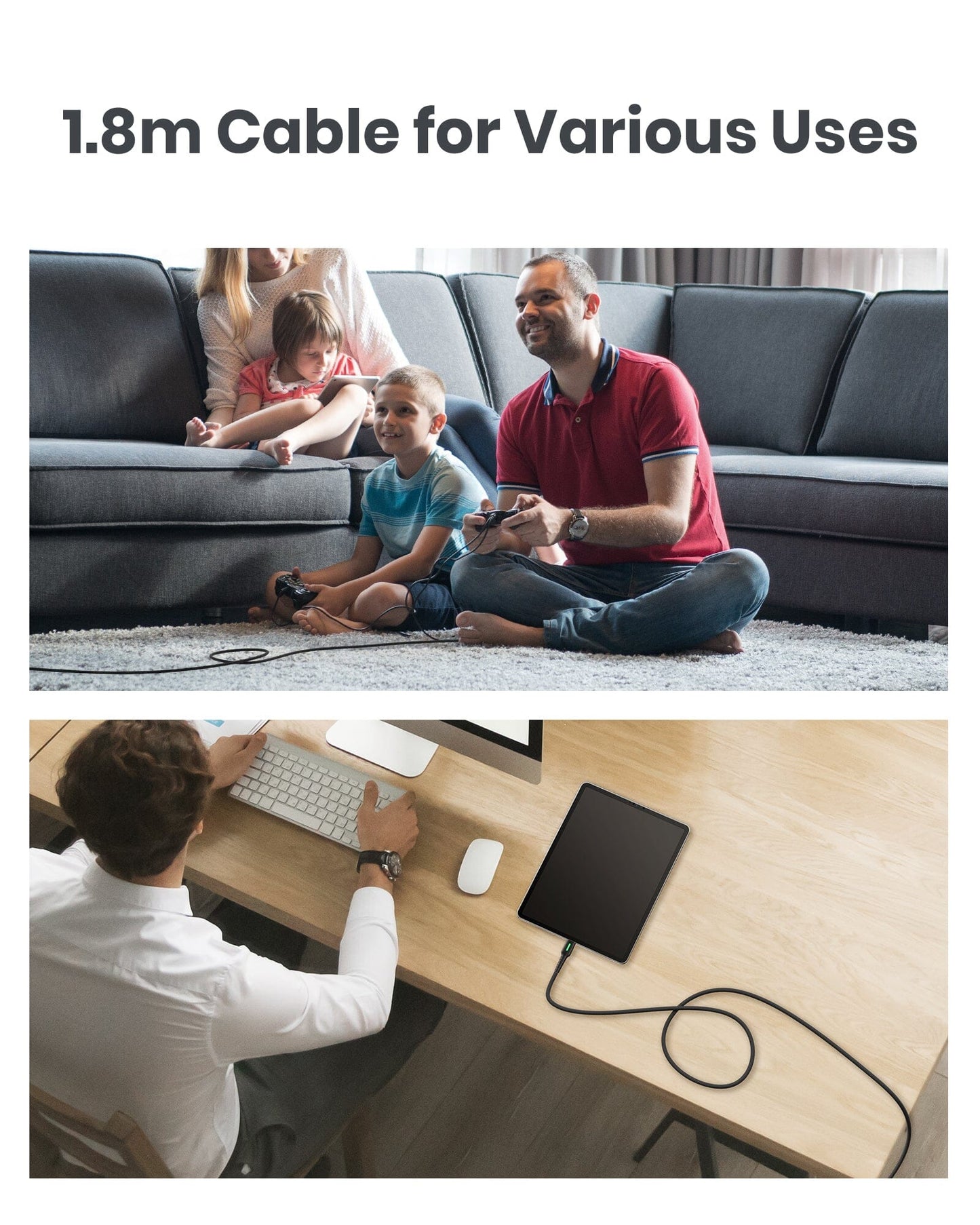 INIU D3C Cable: 1.8m cable for various uses, family gaming, tablet charging.