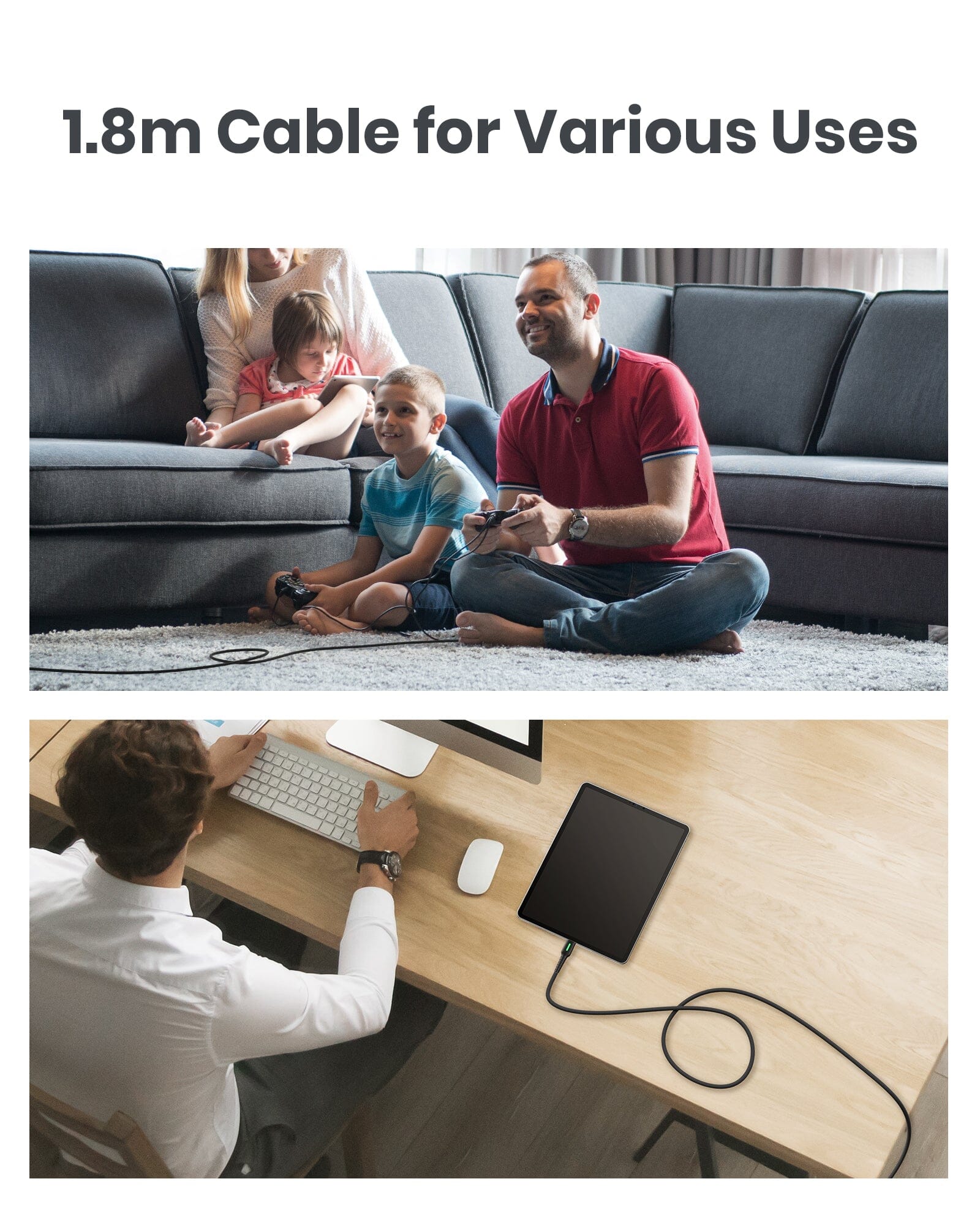 INIU D3C Cable: 1.8m cable for various uses, family gaming, tablet charging.