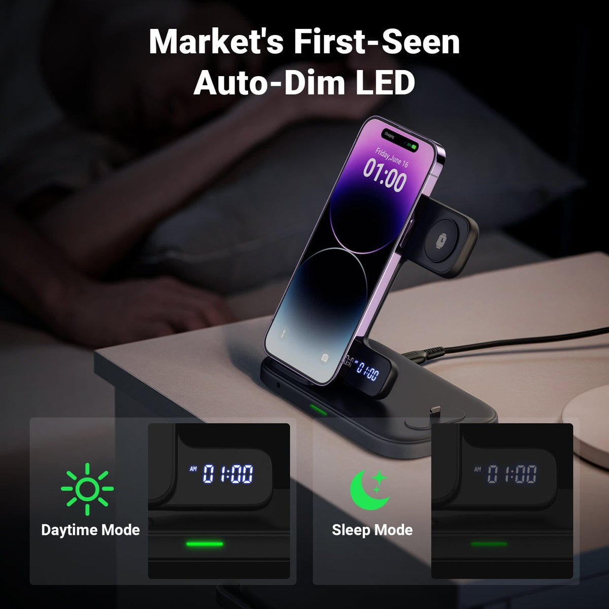 INIU 3-in-1 wireless charger for iPhone, Apple Watch, AirPods. Auto-dim LED display. Black Friday deals.