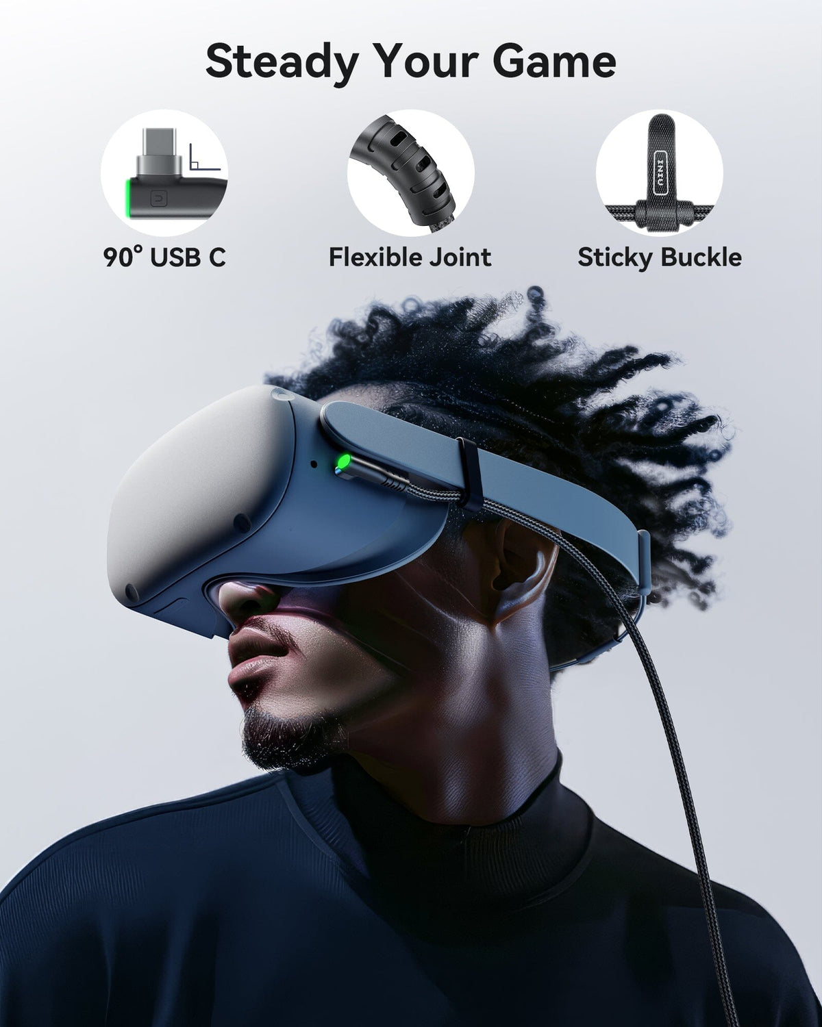 INIU DI401 VR Link Cable, 90?? USB C, flexible joint, and sticky buckle for a stable connection