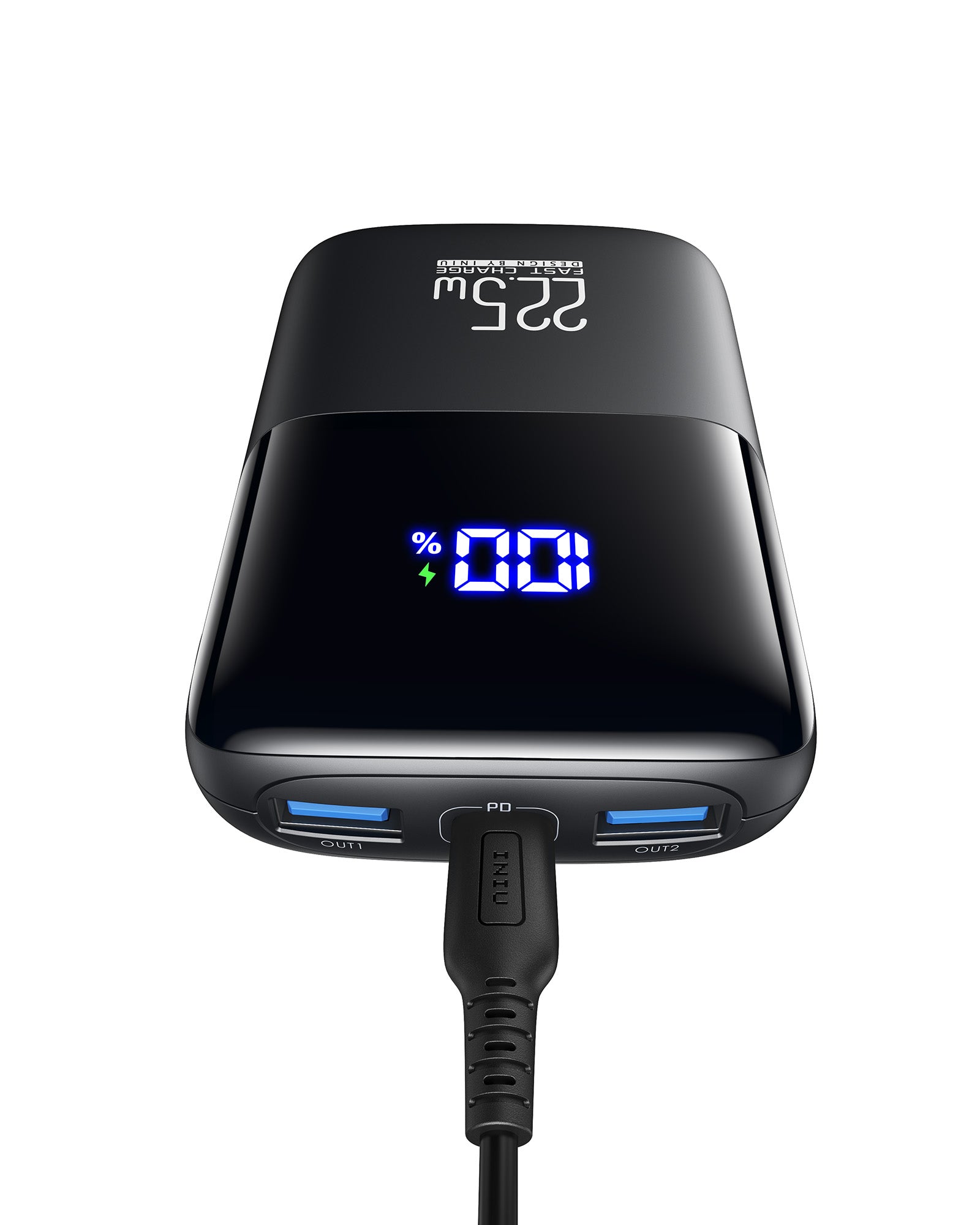 INIU B61 Power Bank: Black, with 100% charge display, 22.5W Fast Charging, USB-C cable connected.