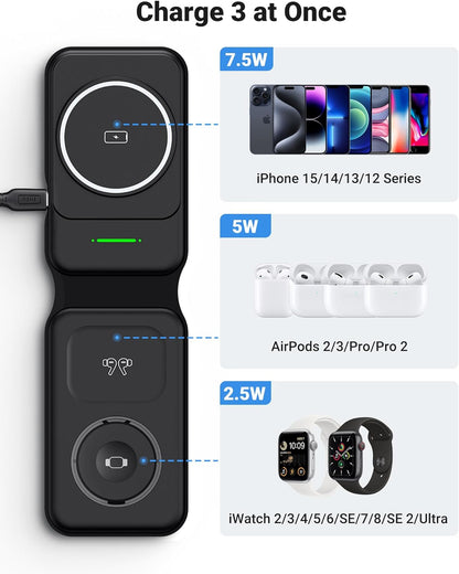 INIU Magnetic Foldable 3 in 1 Wireless Charger Compatible MagSafe for iPhone 15/14/13/12 Series, Apple Watch, AirPods (with 3.3ft 60W USB C-C Cable and 20W PD Adapter)