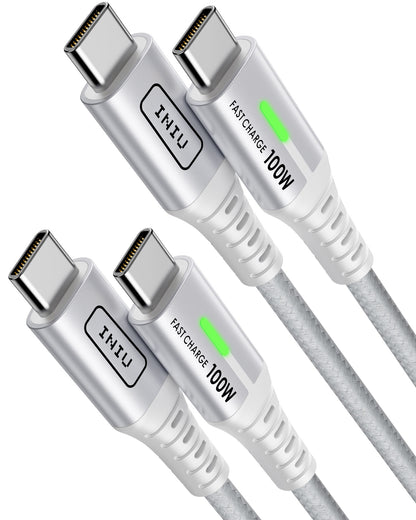 INIU D5CC USB C to C Cable White 100W, silver connectors with braided cable and fast charging indicator