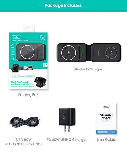 INIU Magnetic Foldable 3 in 1 Wireless Charger Compatible MagSafe for iPhone 15/14/13/12 Series, Apple Watch, AirPods (with 3.3ft 60W USB C-C Cable and 20W PD Adapter)