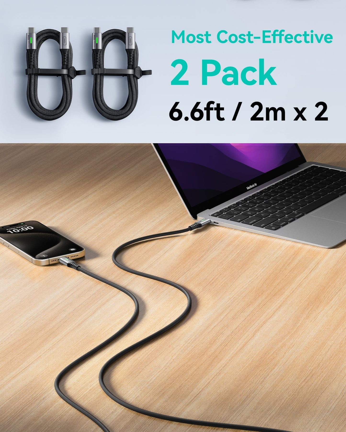 INIU D5CC 100W USB C to C Cable 2-Pack: black fast charging cables for iPhone & MacBook, 6.6ft