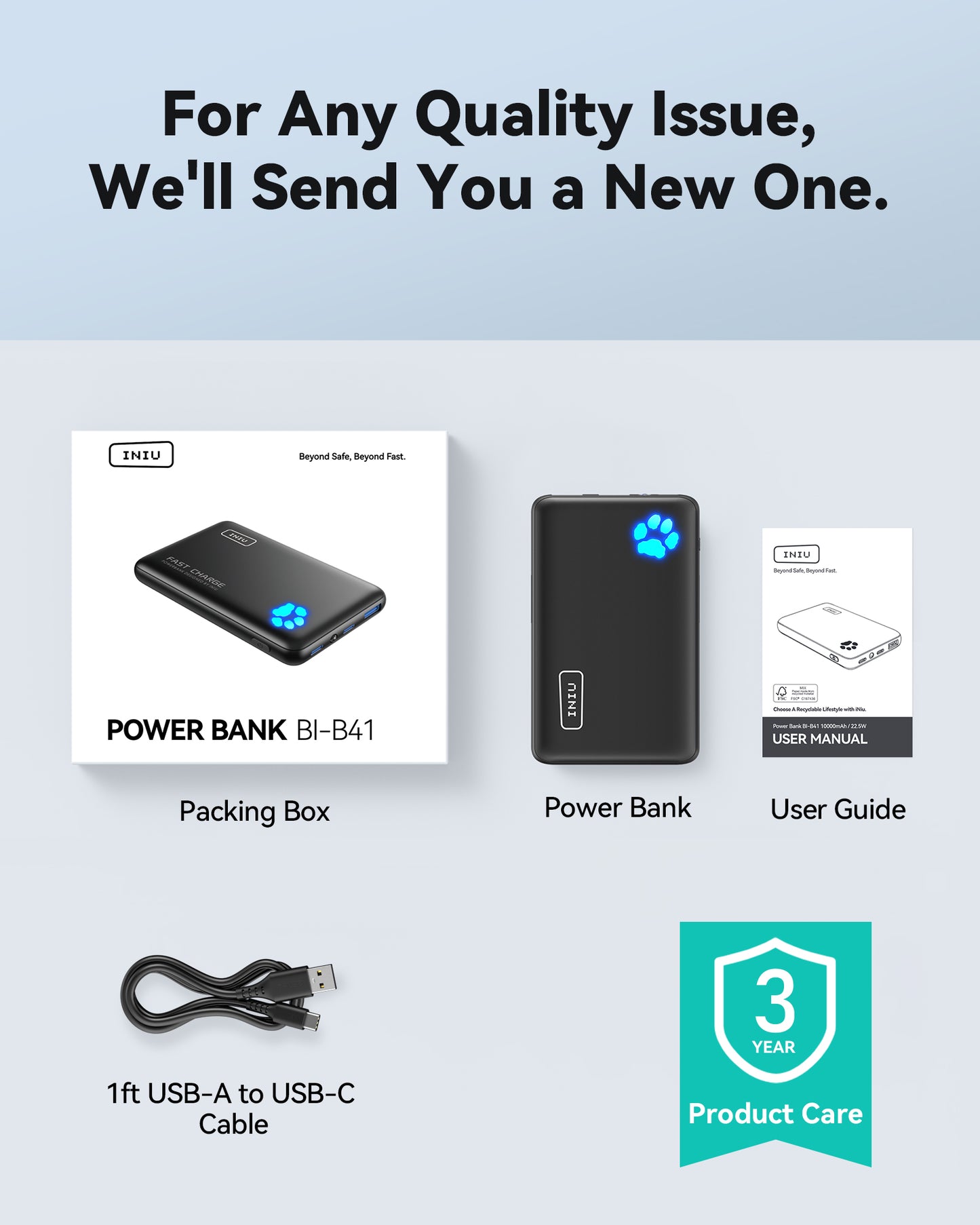 INIU Pawsible P41 Power Bank, Fast Charge, 22.5W, 10000mAh