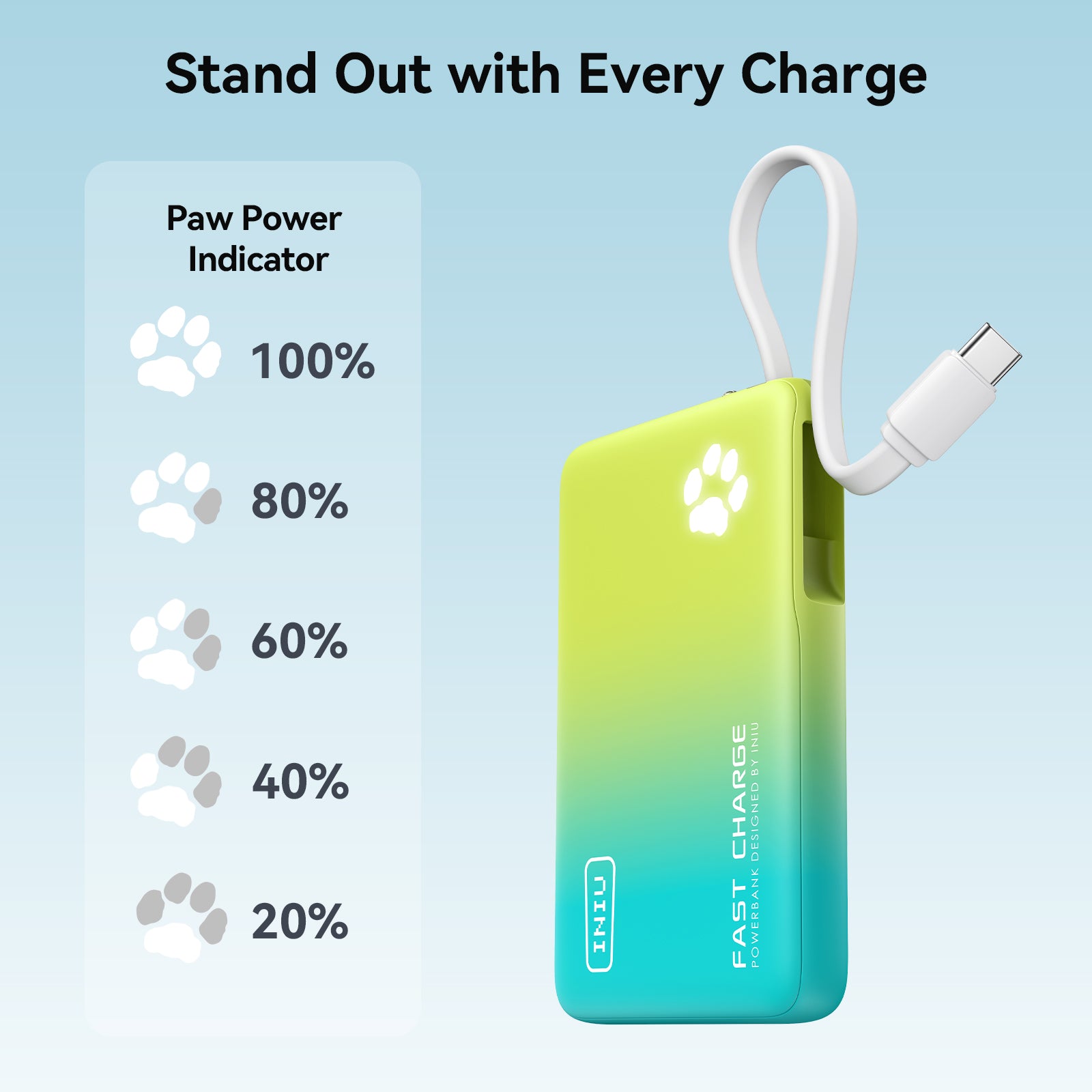 INIU Łapowaty P41L-E2 Power Bank z wbudowanym kablem, najcieńszy 45 W, 10000 mAh