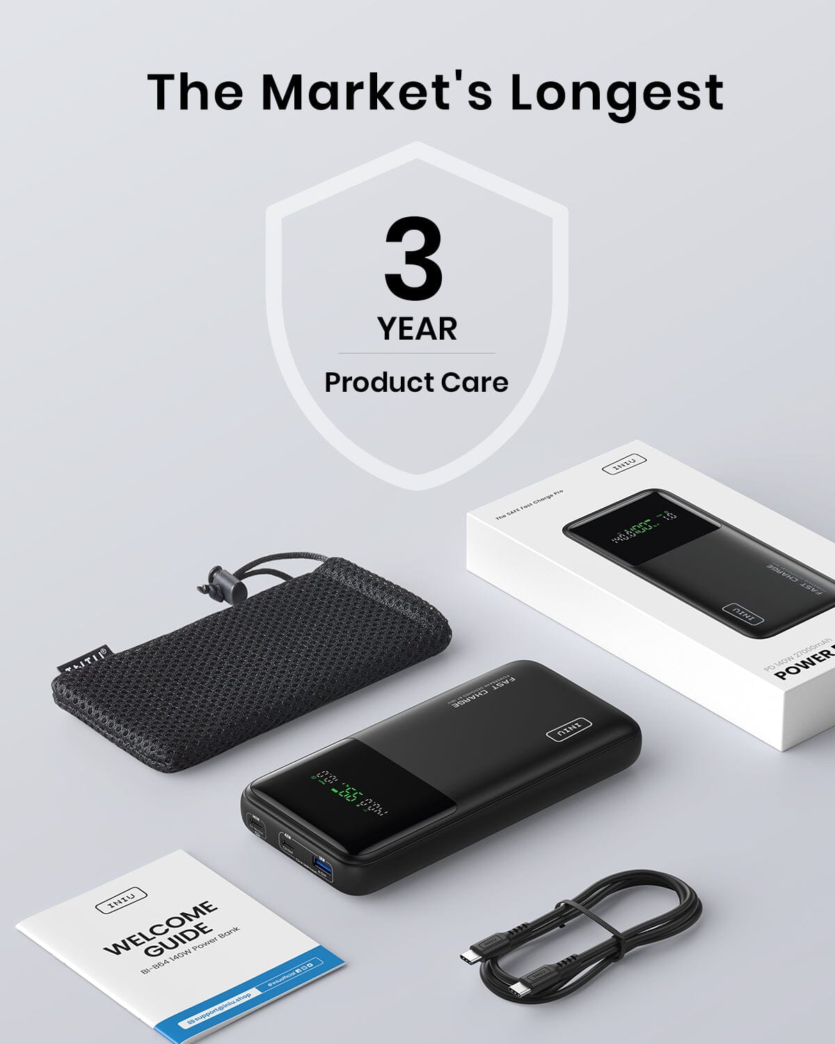INIU B64 Power Bank with welcome guide, protective pouch, and charging cable, showcasing the 3-year product care.