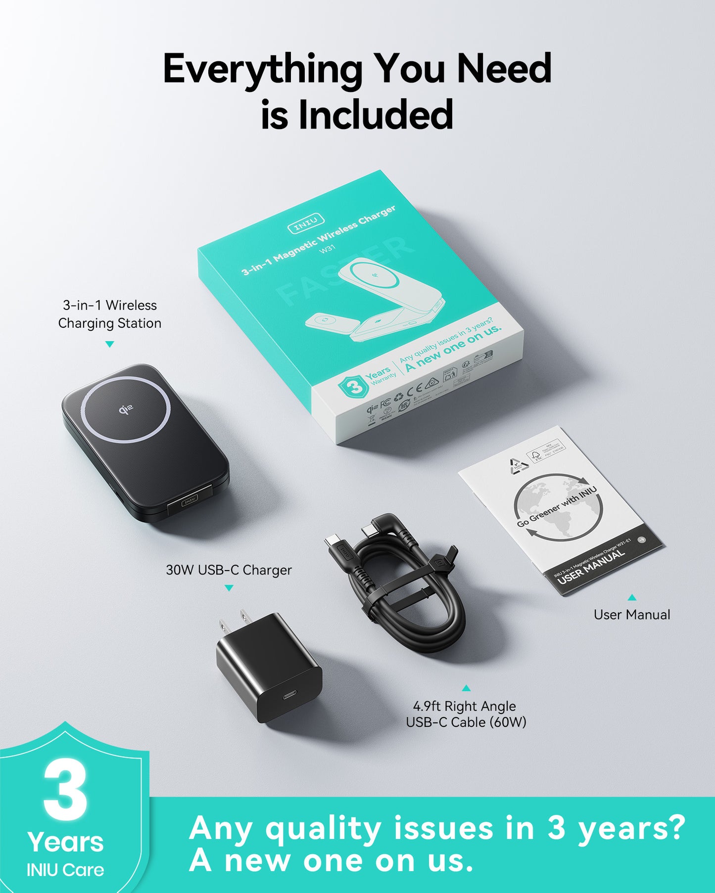 INIU SnapGo W31-E1 Qi2 15W 3 in 1 Magnetic Foldable Wireless Charger