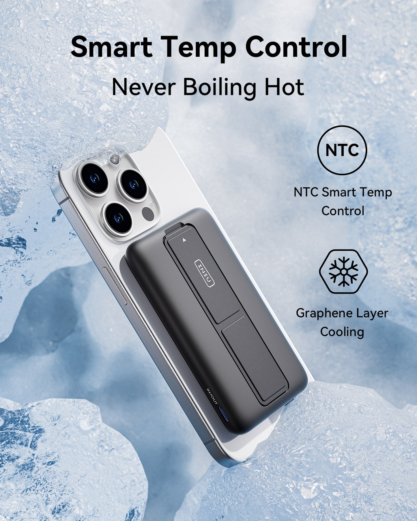 INIU B7 Power Bank with Smart Temp Control, Graphene Layer Cooling for iPhone. Never Boiling Hot. Gray.