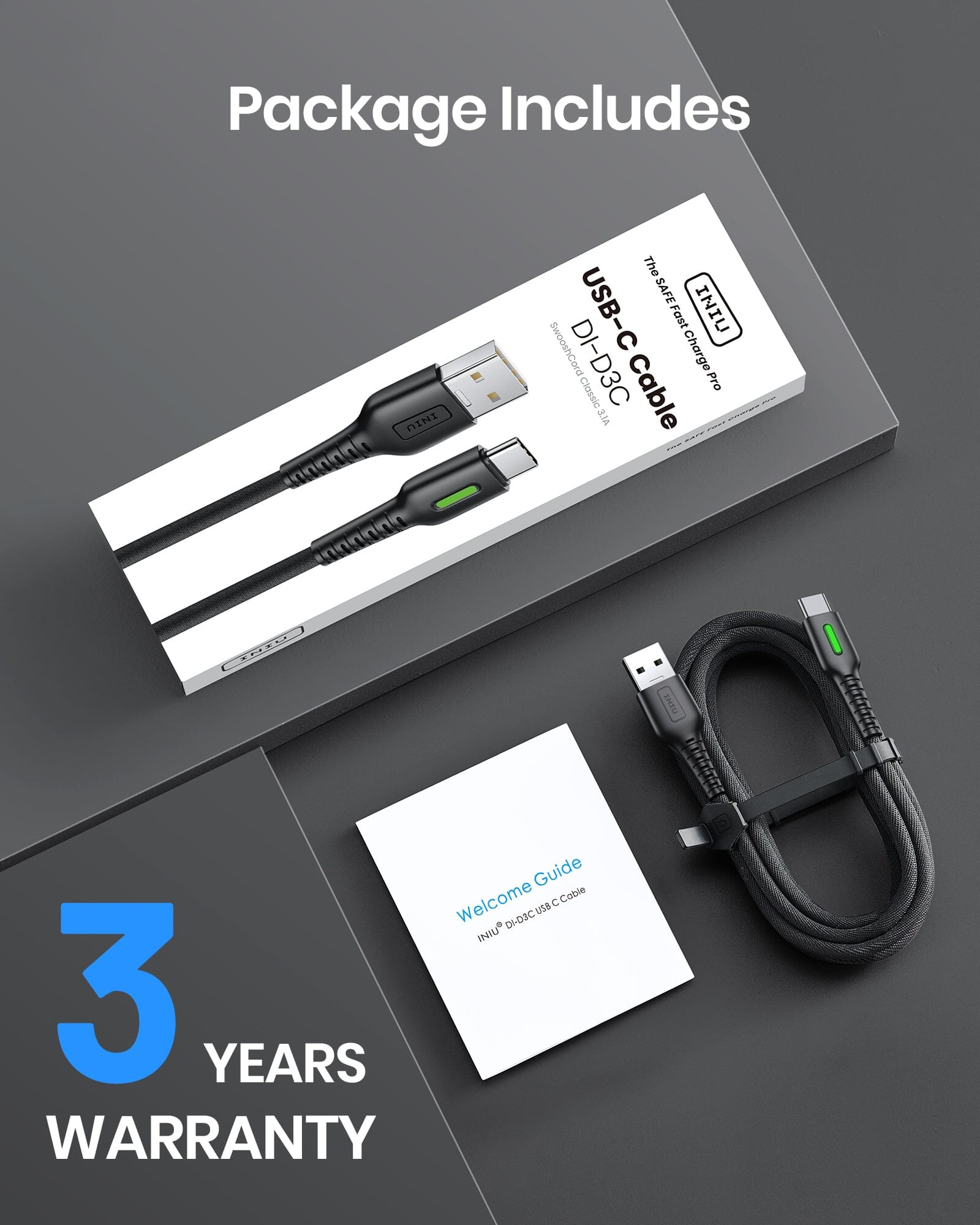 INIU DI-D3C USB-C cable package includes: cable, welcome guide, and 3-year warranty. Black Flyweave braided coat.
