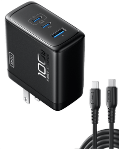 INIU A11-E1 100W GaN Charger, black, fast charging station with multiple ports and cables, compact and safe design