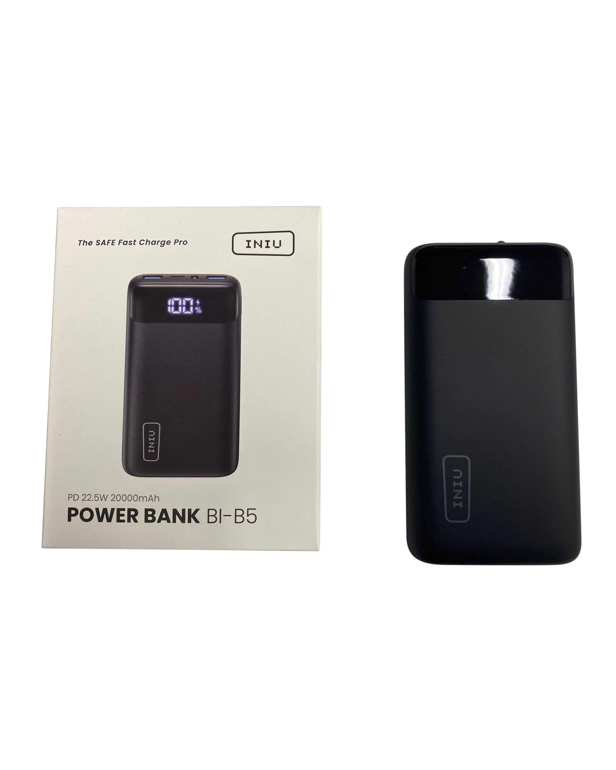 INIU BI-B5 20000mAh Power Bank, black, digital display showing 100% charge, safe fast charging, PD 22.5W.