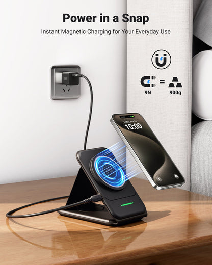 INIU SnapGo wireless charger showing magnetic charging with power in a snap, iPhone stand and 9N magnetism.