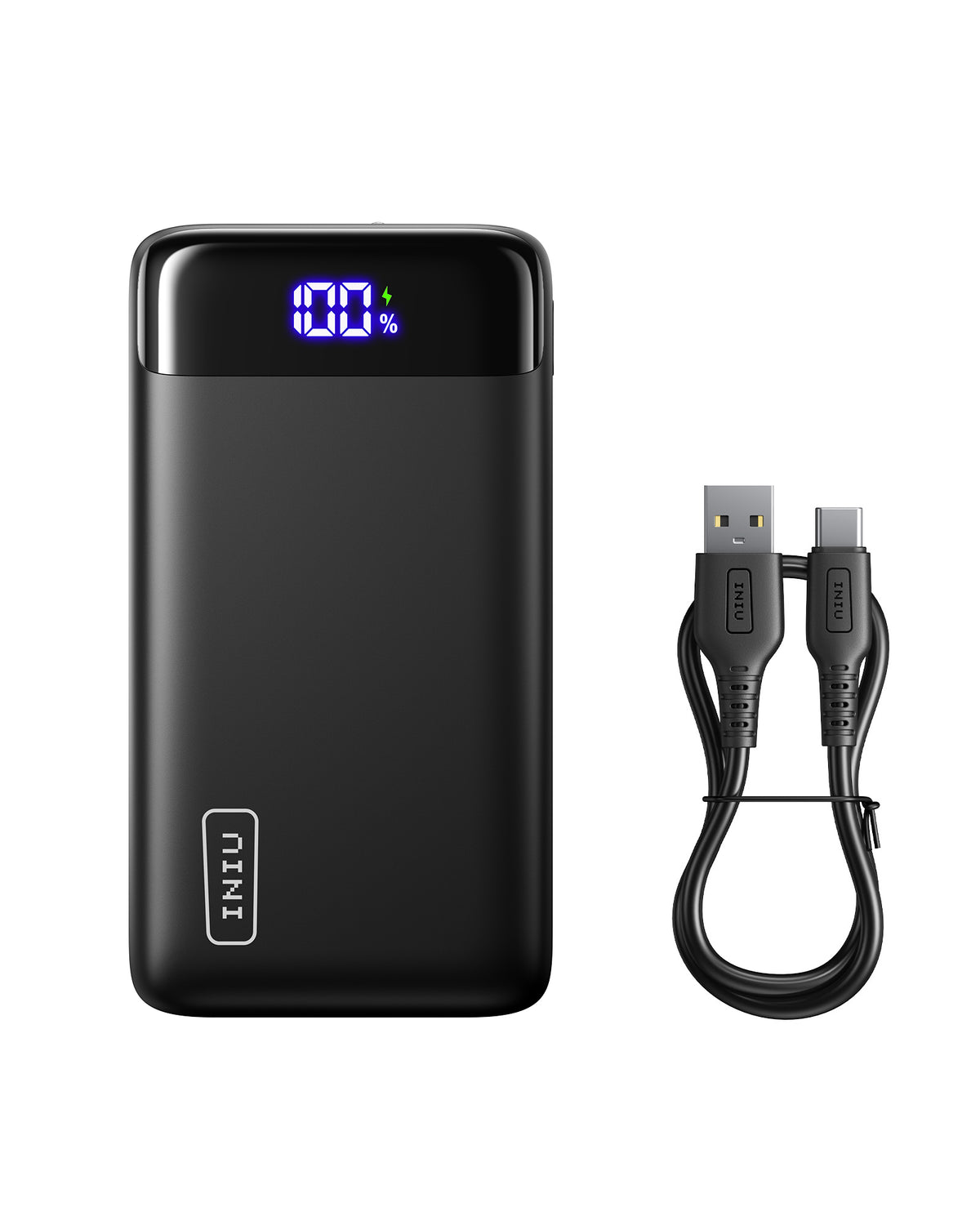 INIU B5 20000mAh Power Bank, black portable charger with digital display showing 100% charge, USB-C cable