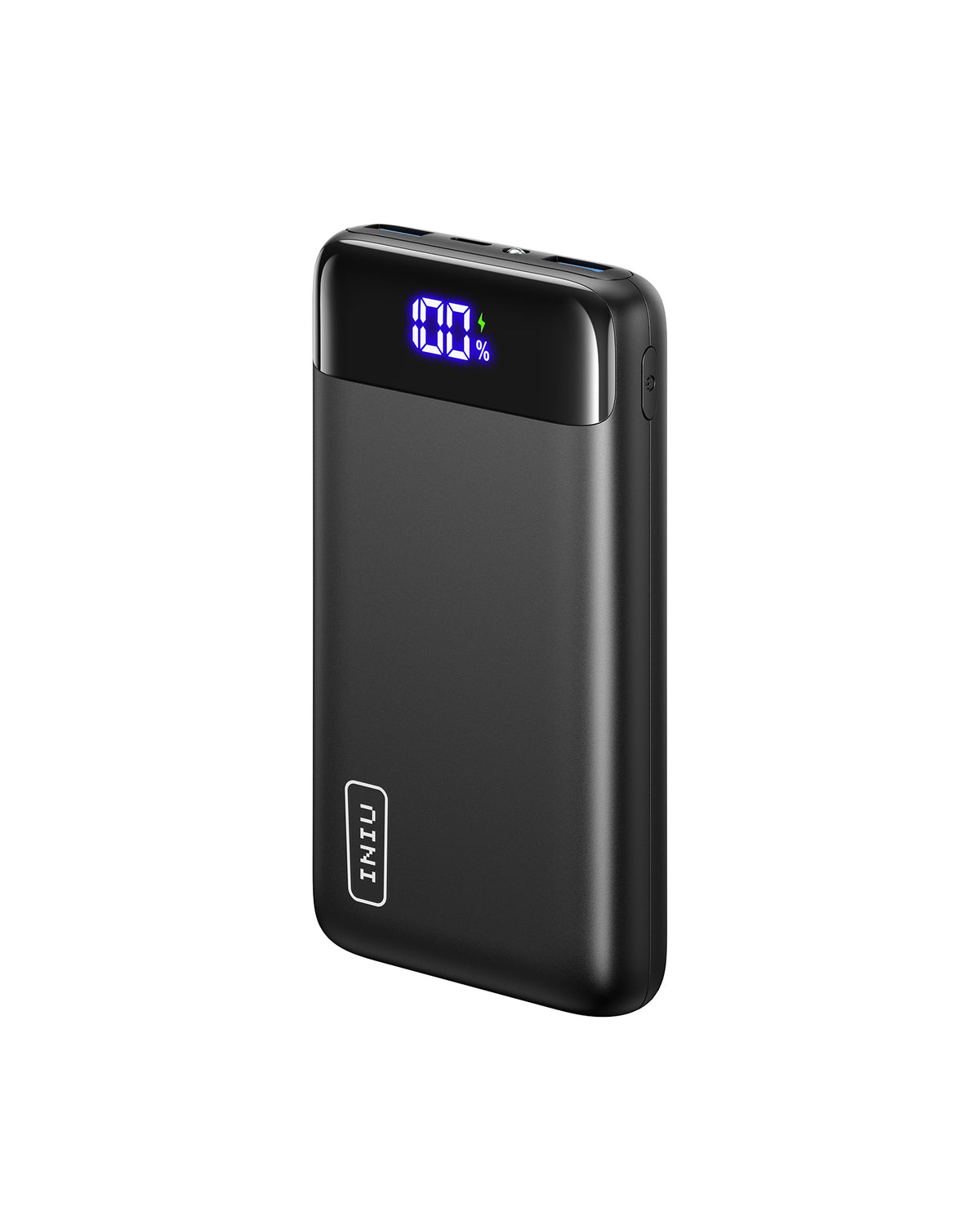 INIU B5 20,000mAh Power Bank - Black with digital display showing 100% charge, a portable charger for fast charging.