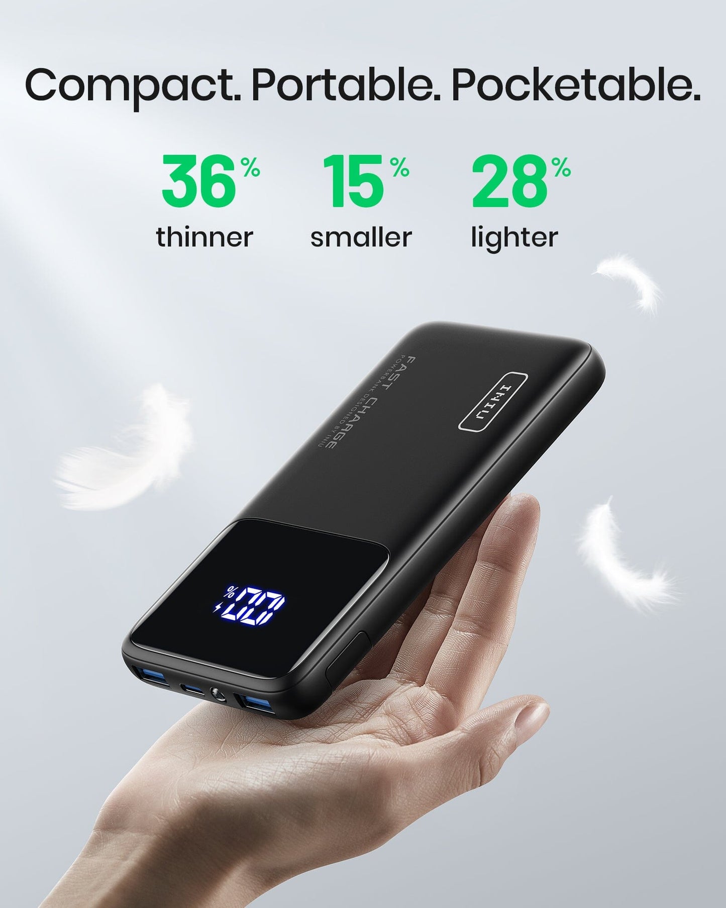 INIU B6 10,000mAh Power Bank: Black, compact, portable design, with digital display, fast charge, shown held in a hand.