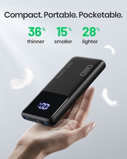 INIU B6 10,000mAh Power Bank: Black, compact, portable design, with digital display, fast charge, shown held in a hand.