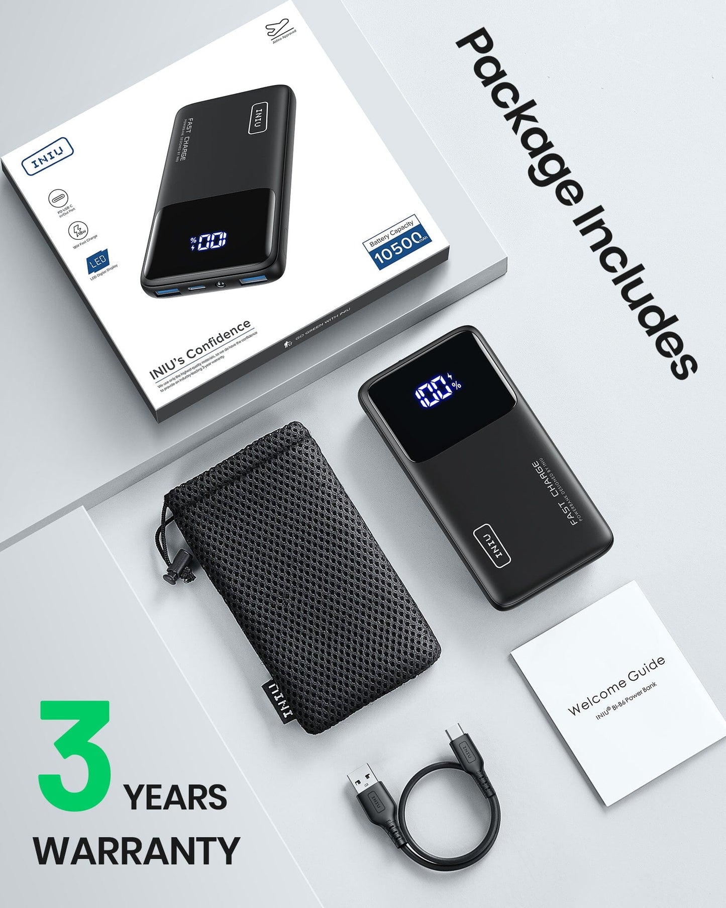 INIU 10500mAh Power Bank Kit: Fast charging, black design, includes cable, pouch, and welcome guide. 3-year warranty.