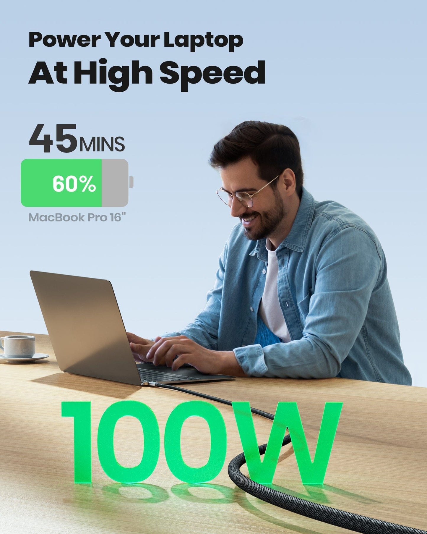 INIU D5CC - 100W USB-C cable fast charging MacBook Pro in 45 mins, with man and 100W text.