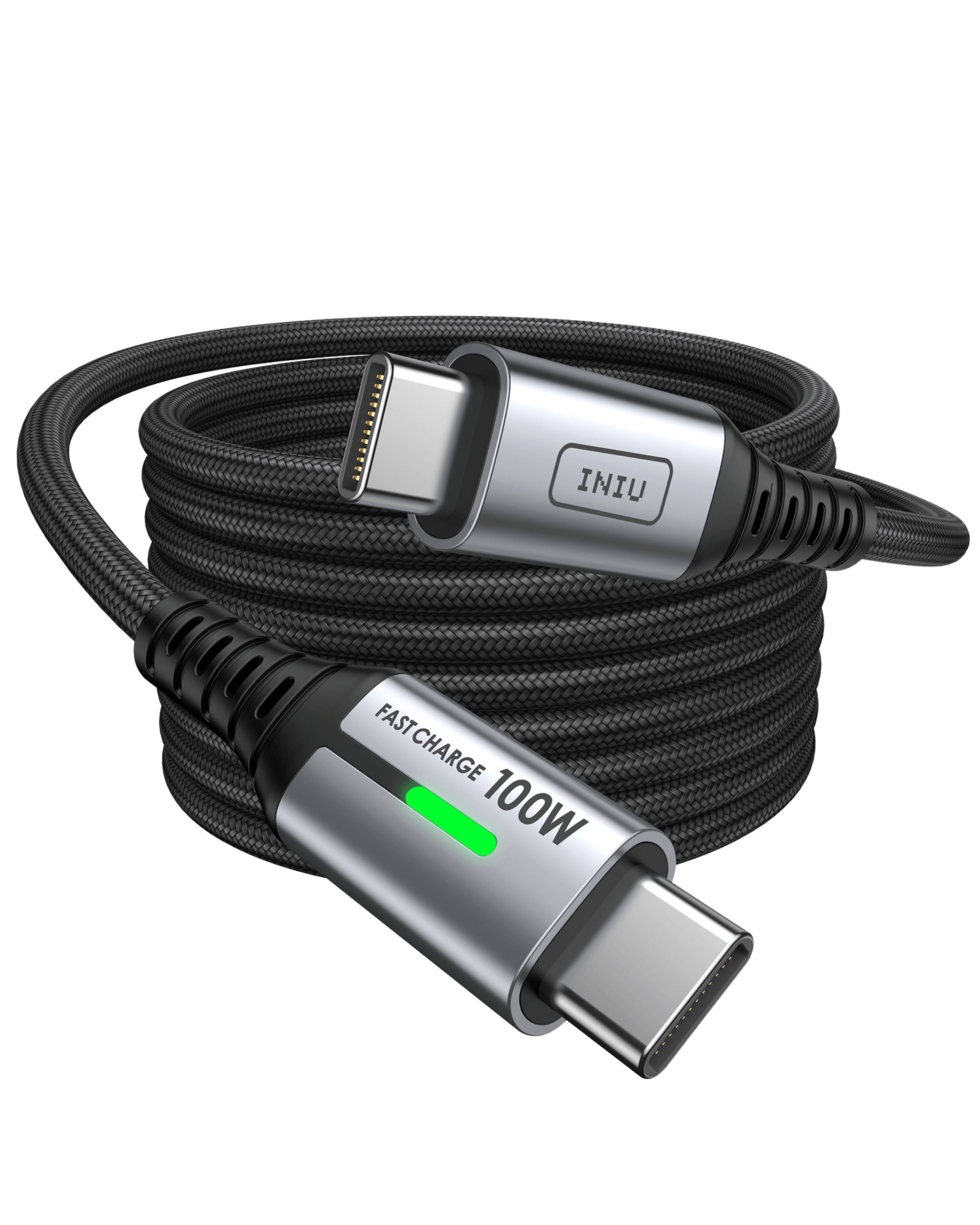 INIU 100W USB C to C Cable: black braided fast charging cable with 100W power, INIU logo, and green LED indicator