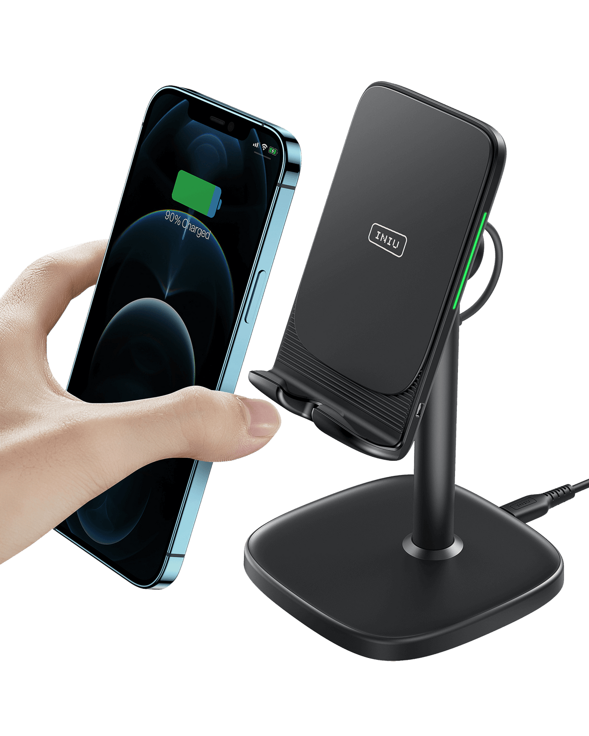 Black INIU 15W wireless charger stand charging a smartphone, ideal for Black Friday deals on tech gifts for men.