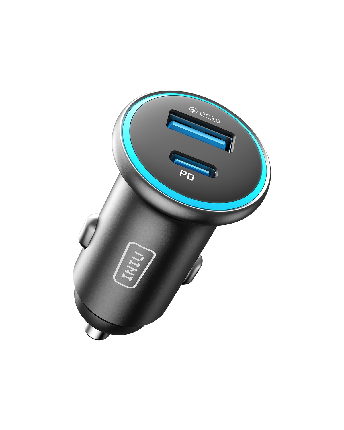 INIU I712 2-Port Fast Car Charger. Black car charger with blue accents, USB-A and USB-C ports, QC 3.0 and PD charging.