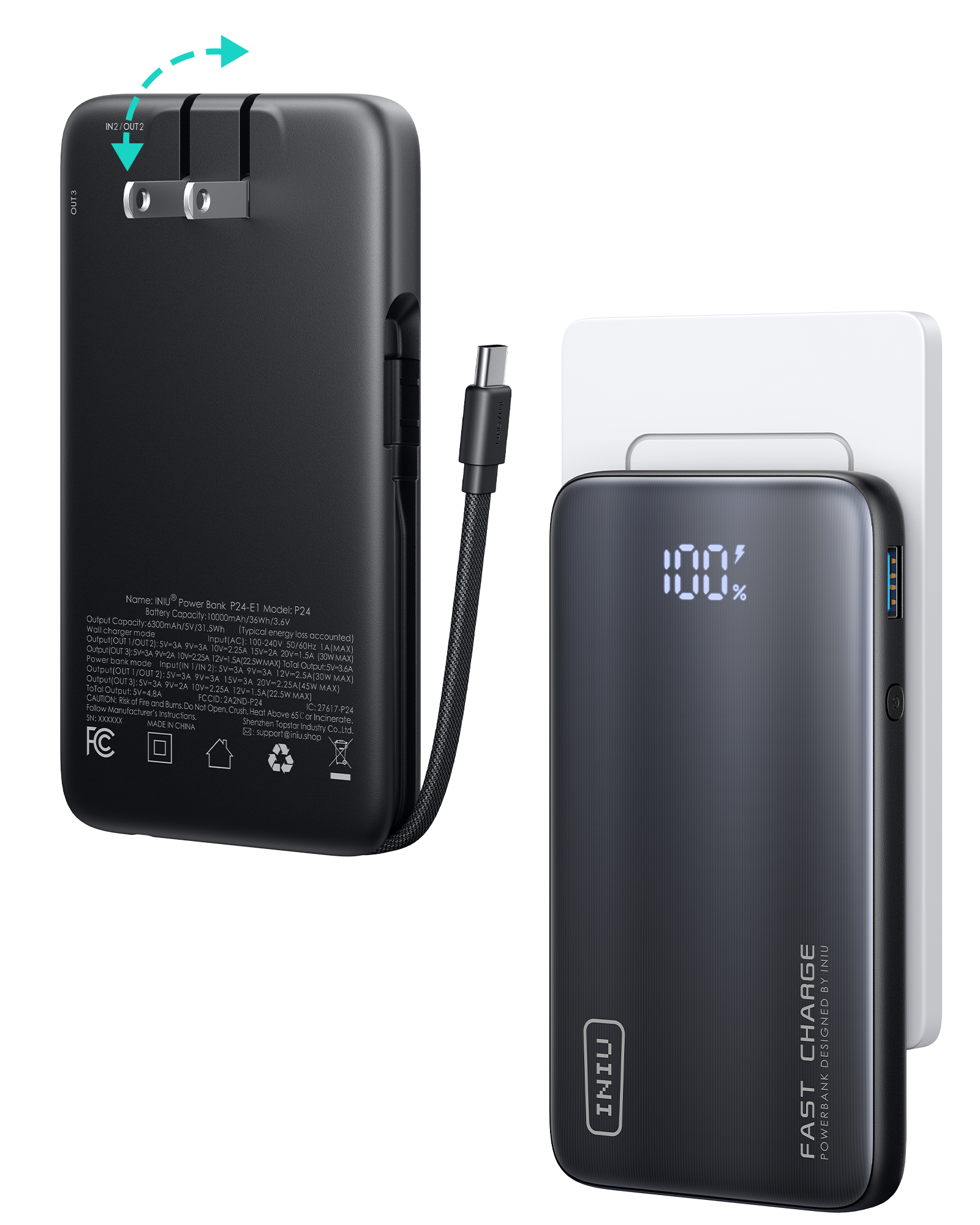 INIU Multi P24-E1 Power Bank, black with braided USB-C cable, displaying 100% charge and fast charge logo