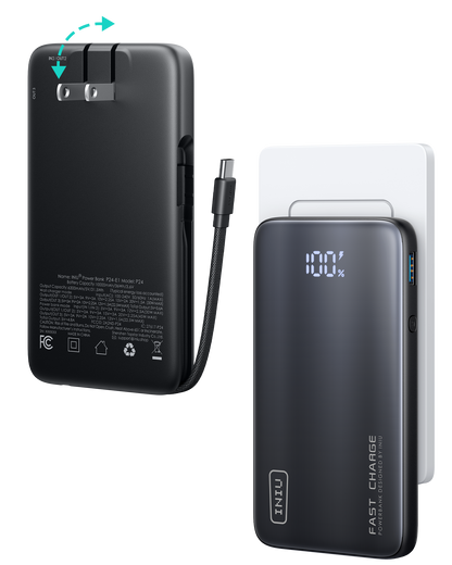 INIU Multi P24-E1 Power Bank, black with braided USB-C cable, displaying 100% charge and fast charge logo