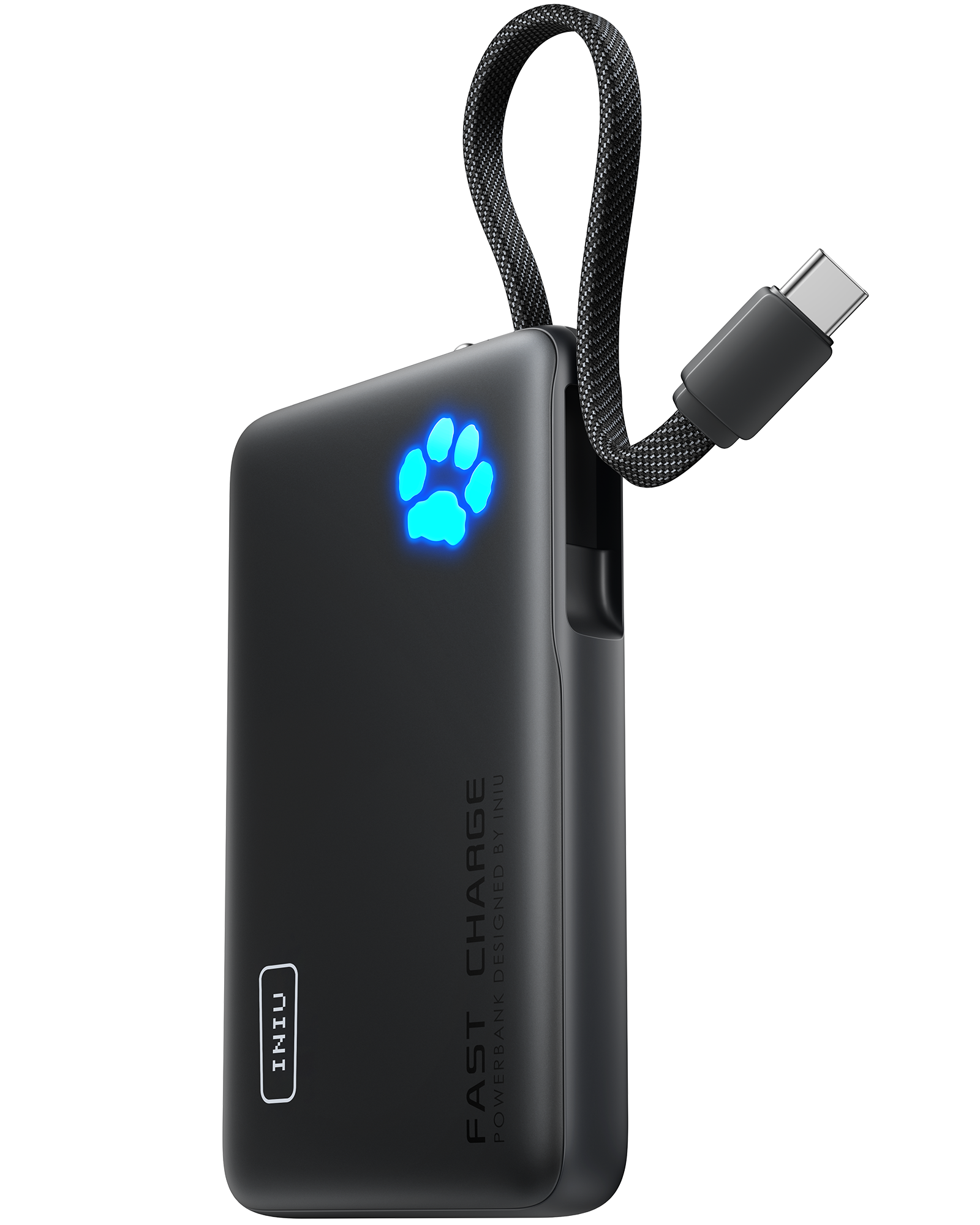 Black INIU power bank, built-in USB-C cable, glowing paw logo. Black Friday tech gift for men. Fast charging deals.