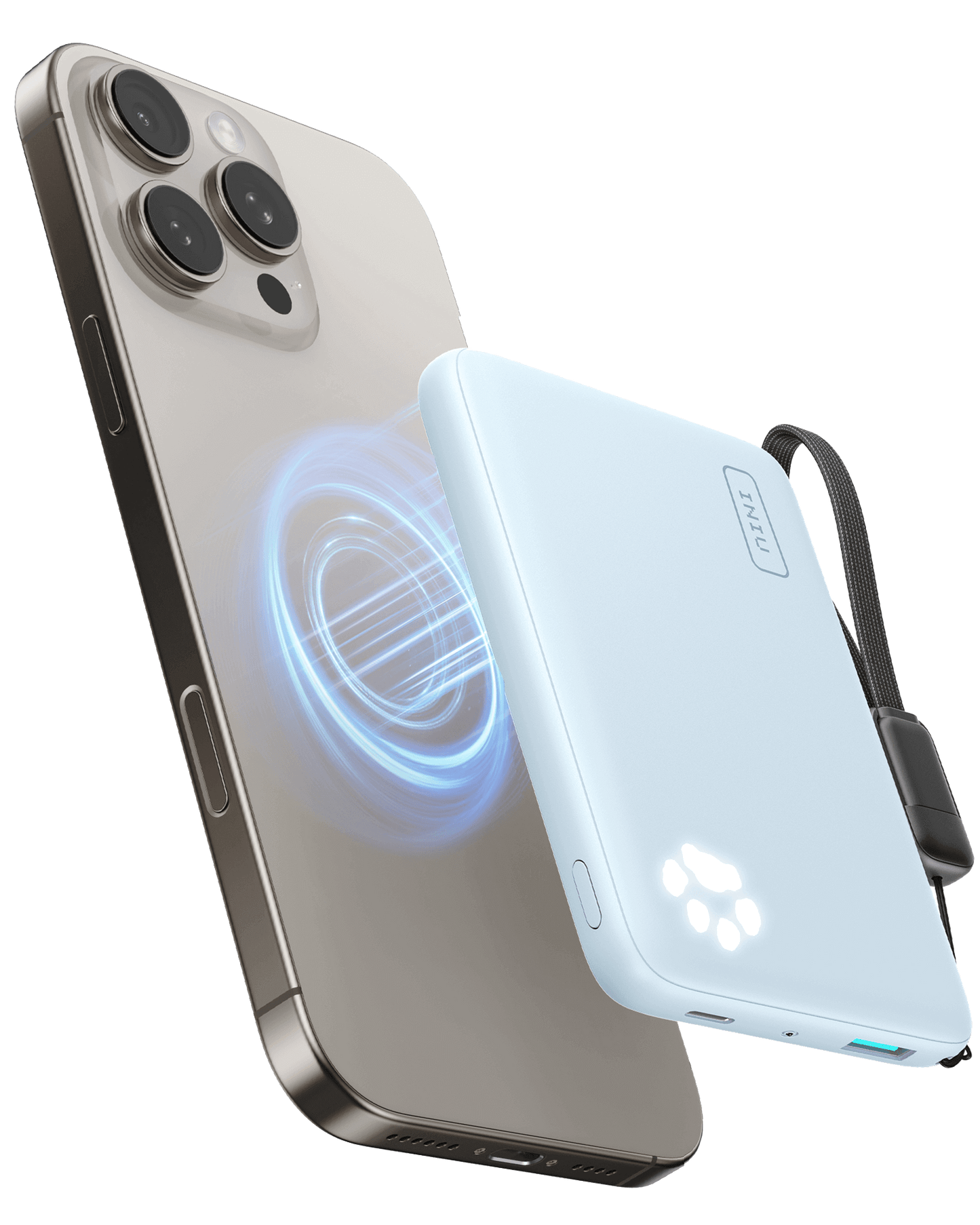 INIU P43-E1 Magsafe Power Bank wirelessly charging iPhone. Light blue design with paw indicator lights, fast charging.