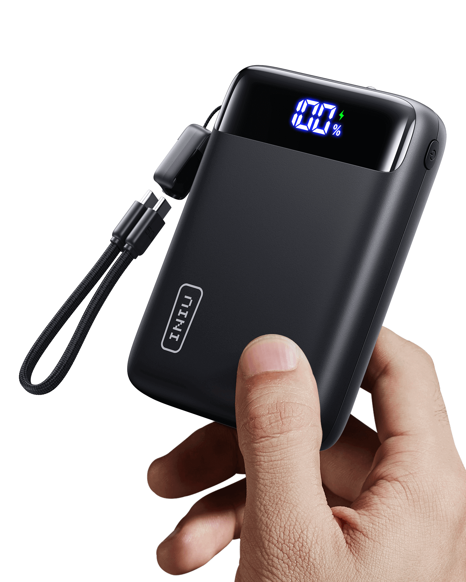 INIU Carry P51-E2 Power Bank in hand, showing 100% charge display, black portable charger