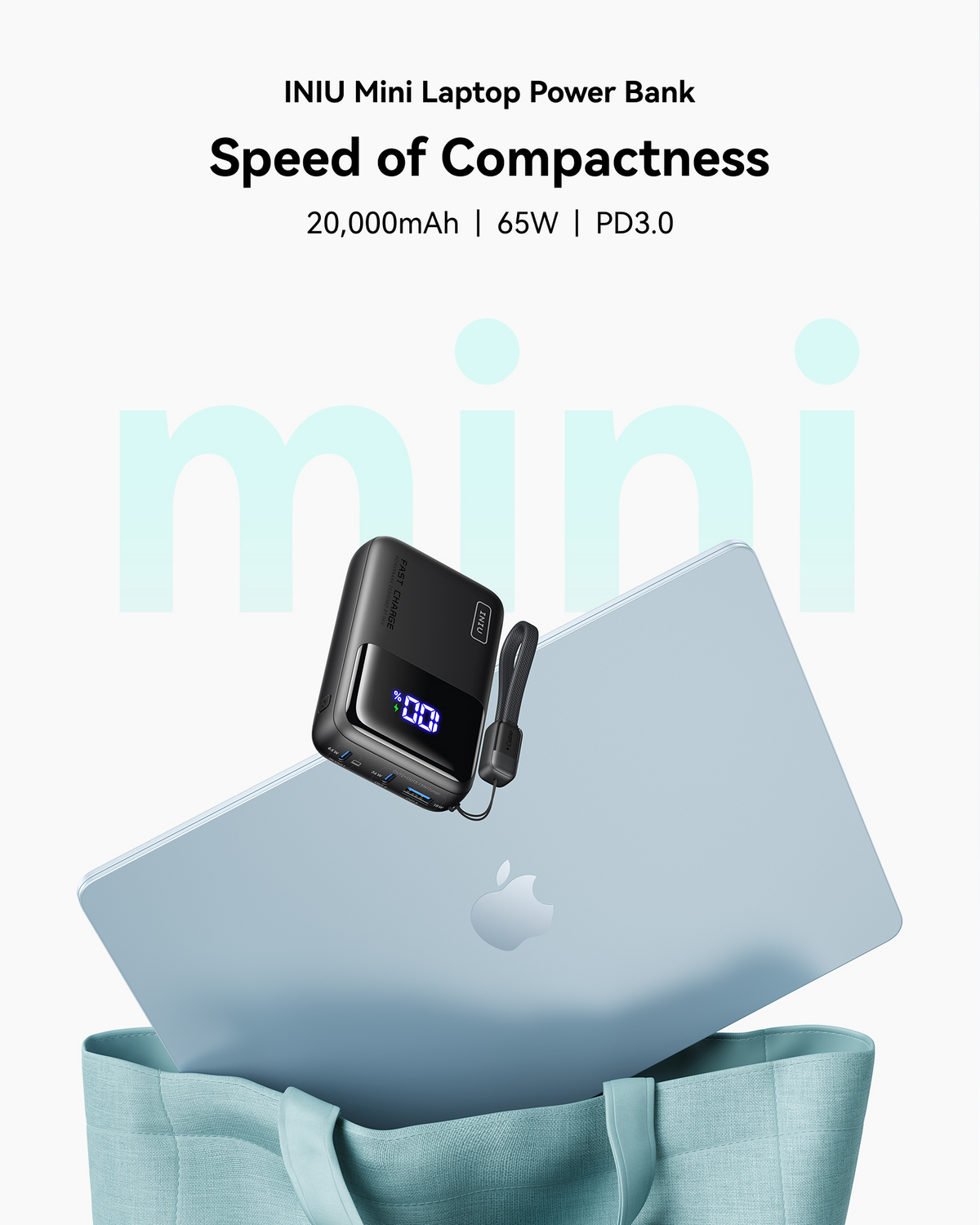 Compact 65W 20000mAh INIU power bank charging a laptop, ideal for Black Friday tech gifts for men on the go.