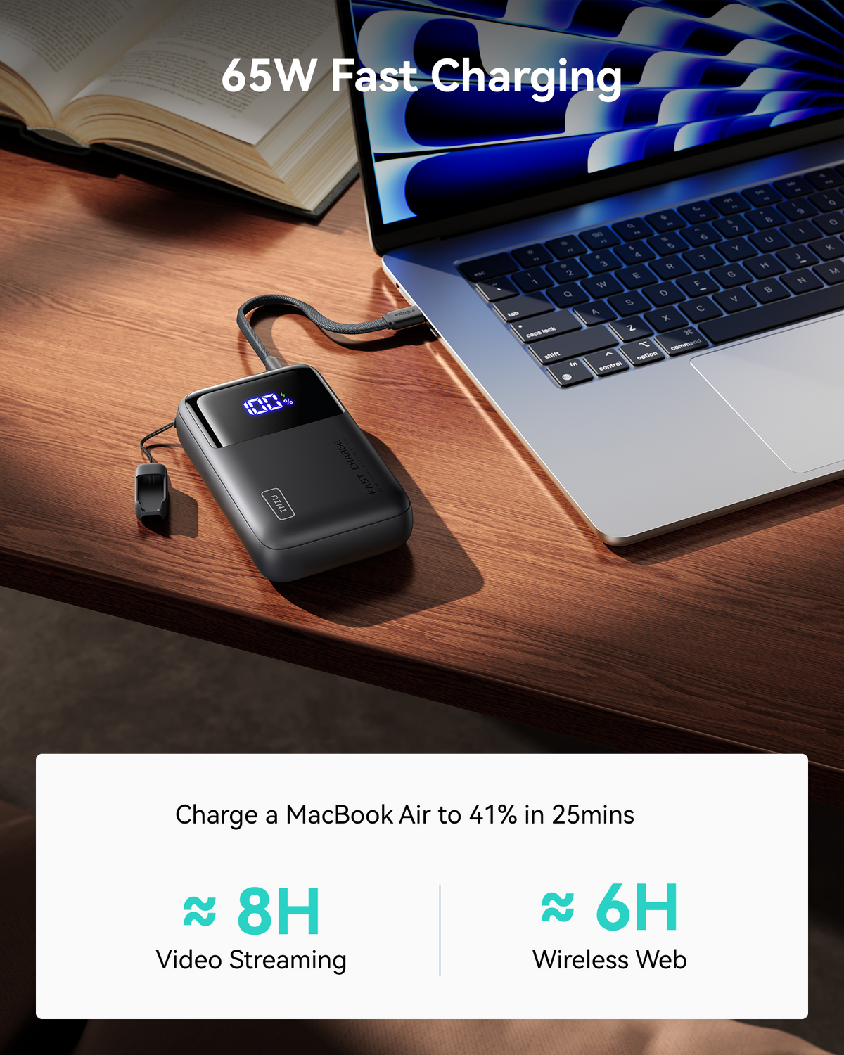 INIU 20000mAh 65W portable charger connected to a laptop, Black Friday electronics deals for tech gifts.