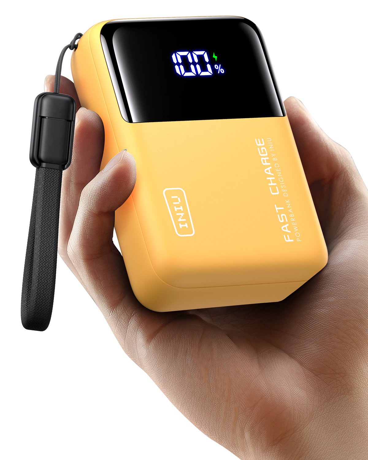 Yellow INIU 25000mAh power bank held in hand, 100% charge displayed. Black Friday deals on portable chargers for tech guys.