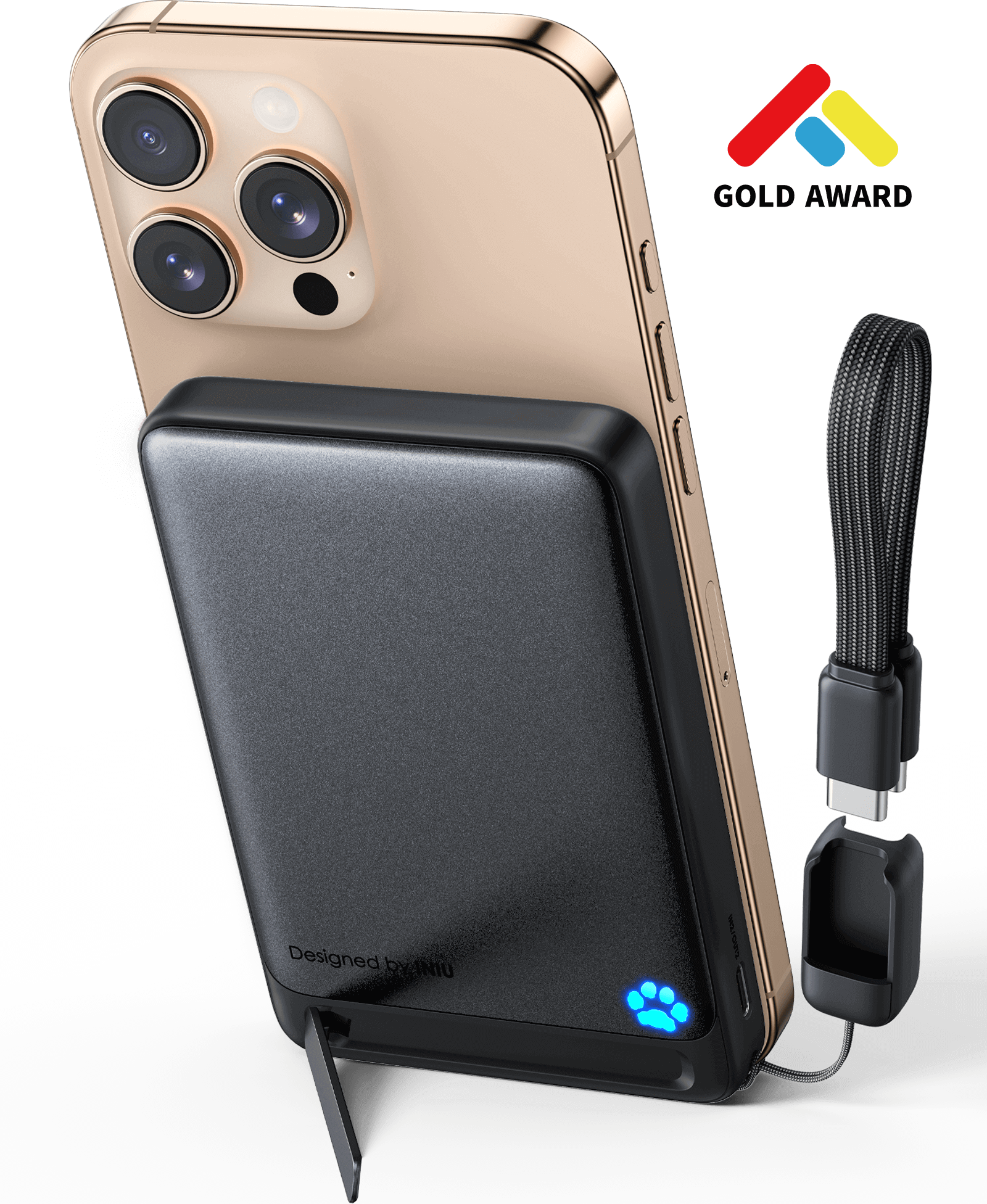 INIU SnapGo P73-E1 Wireless Charger, black power bank attached to gold iPhone.