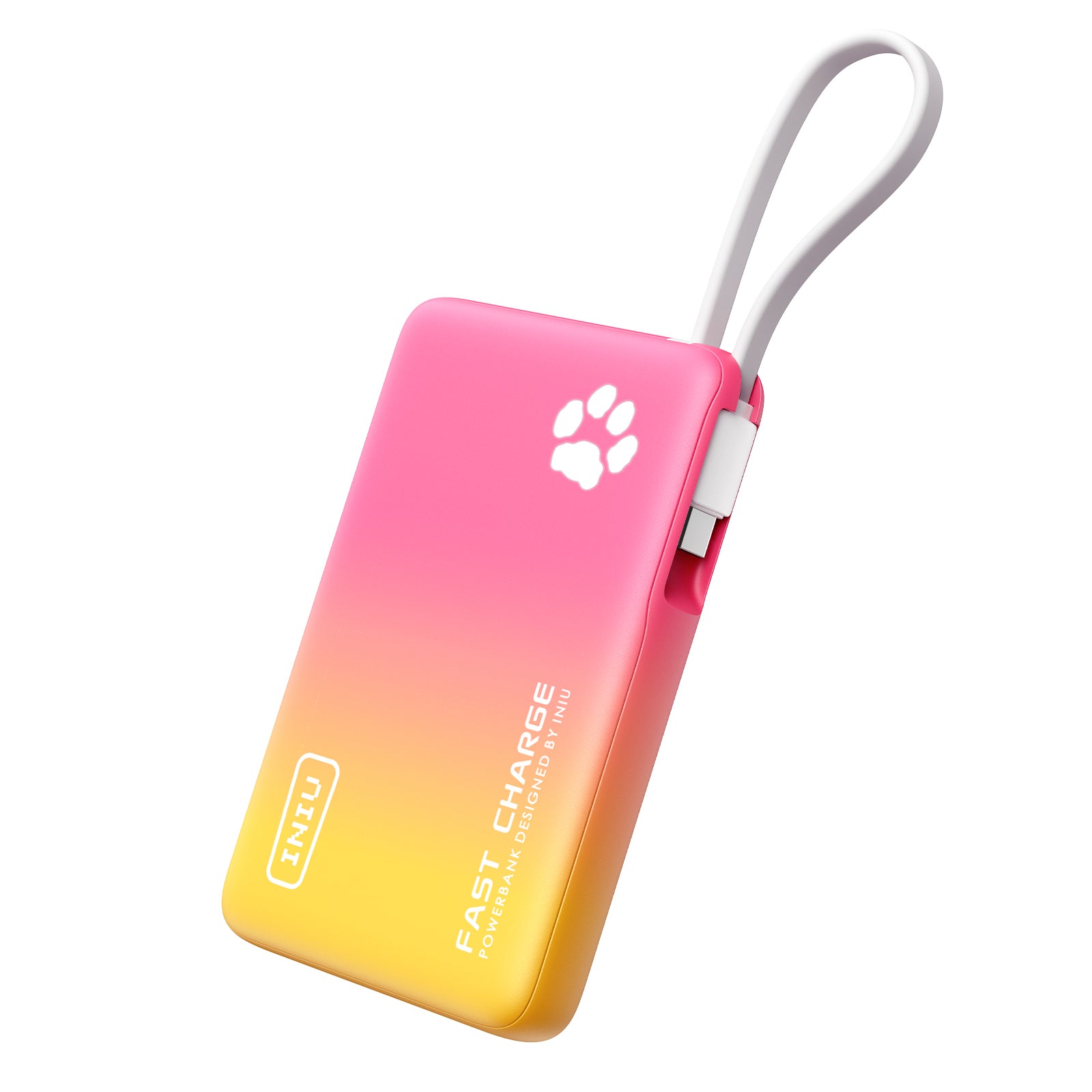 Pink to yellow gradient INIU power bank with paw logo and built-in USB-C cable. Great Black Friday tech gift for men.