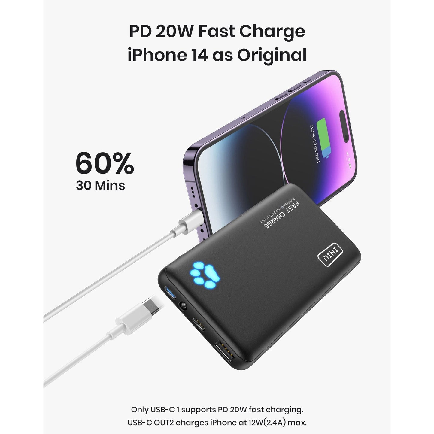 INIU B3 Portable Charger, 20W PD3.0 Fast Charging Slimmest 10000mAh Power Bank, Black