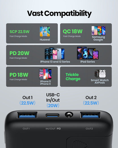 INIU B6 10,000mAh Power Bank: Fast charging compatibility with iPhone, Samsung, Huawei and more.