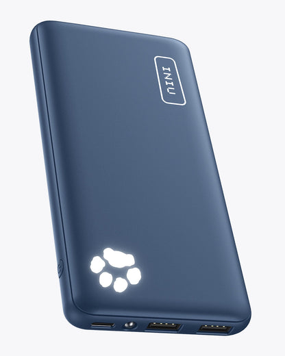 INIU B41 10000mAh power bank, navy blue, slim design, USB-C ports, fast charging.