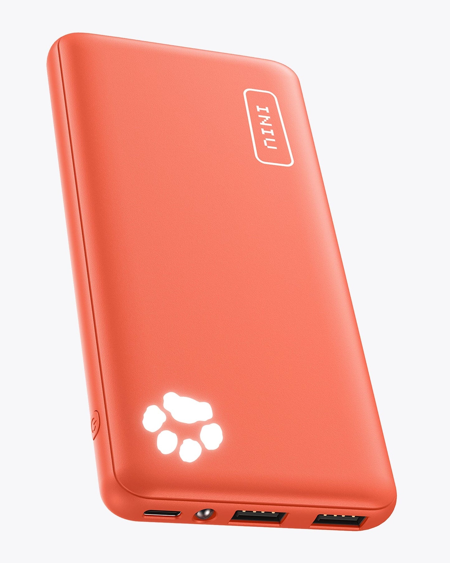 INIU B41 Power Bank - Coral. USB-C, INIU logo, and paw-shaped LED. 10000mAh, fast charging.
