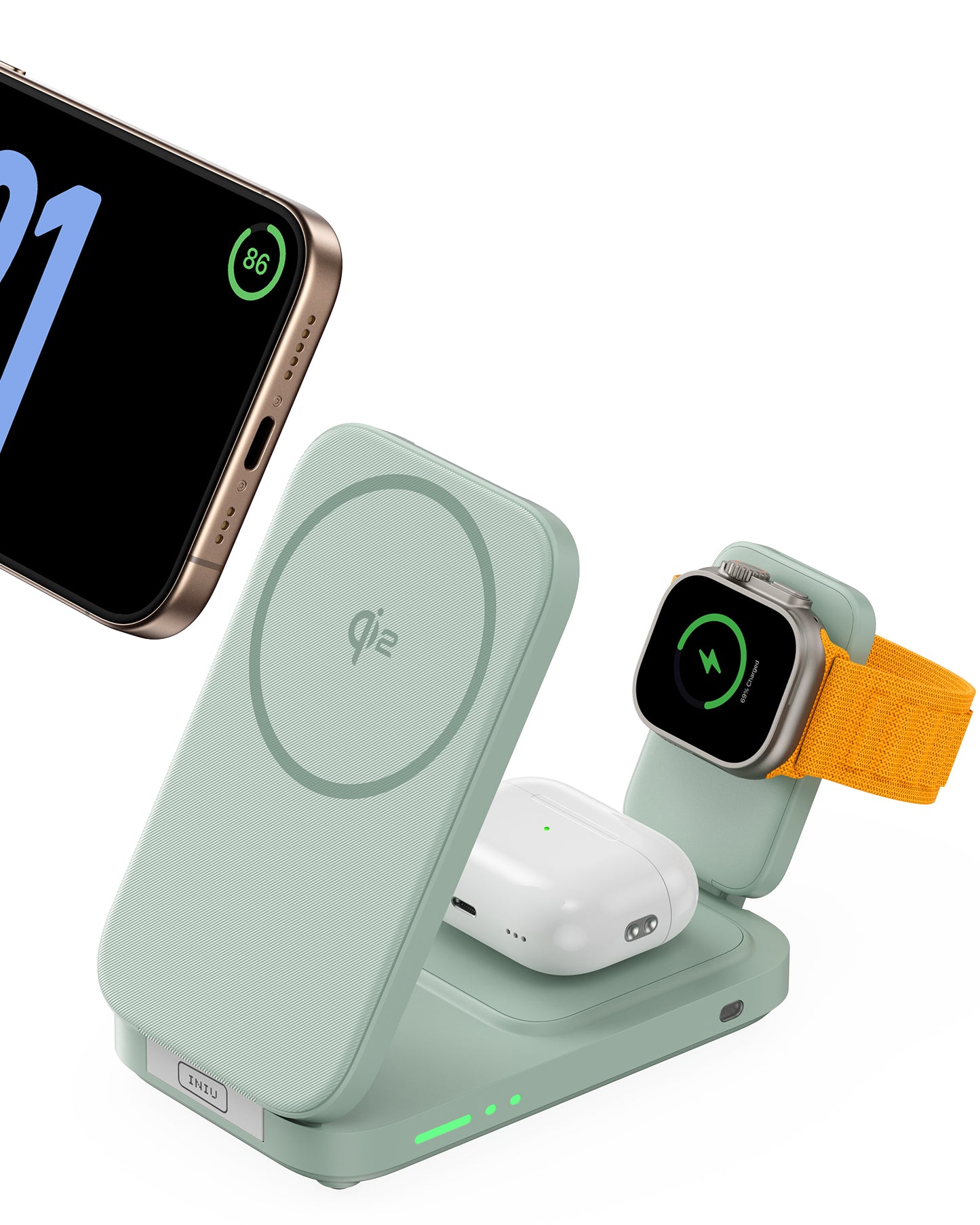 INIU SnapGo W31-E1: Wireless charger charging iPhone, iWatch, and AirPods simultaneously. Qi2 tech, green design.