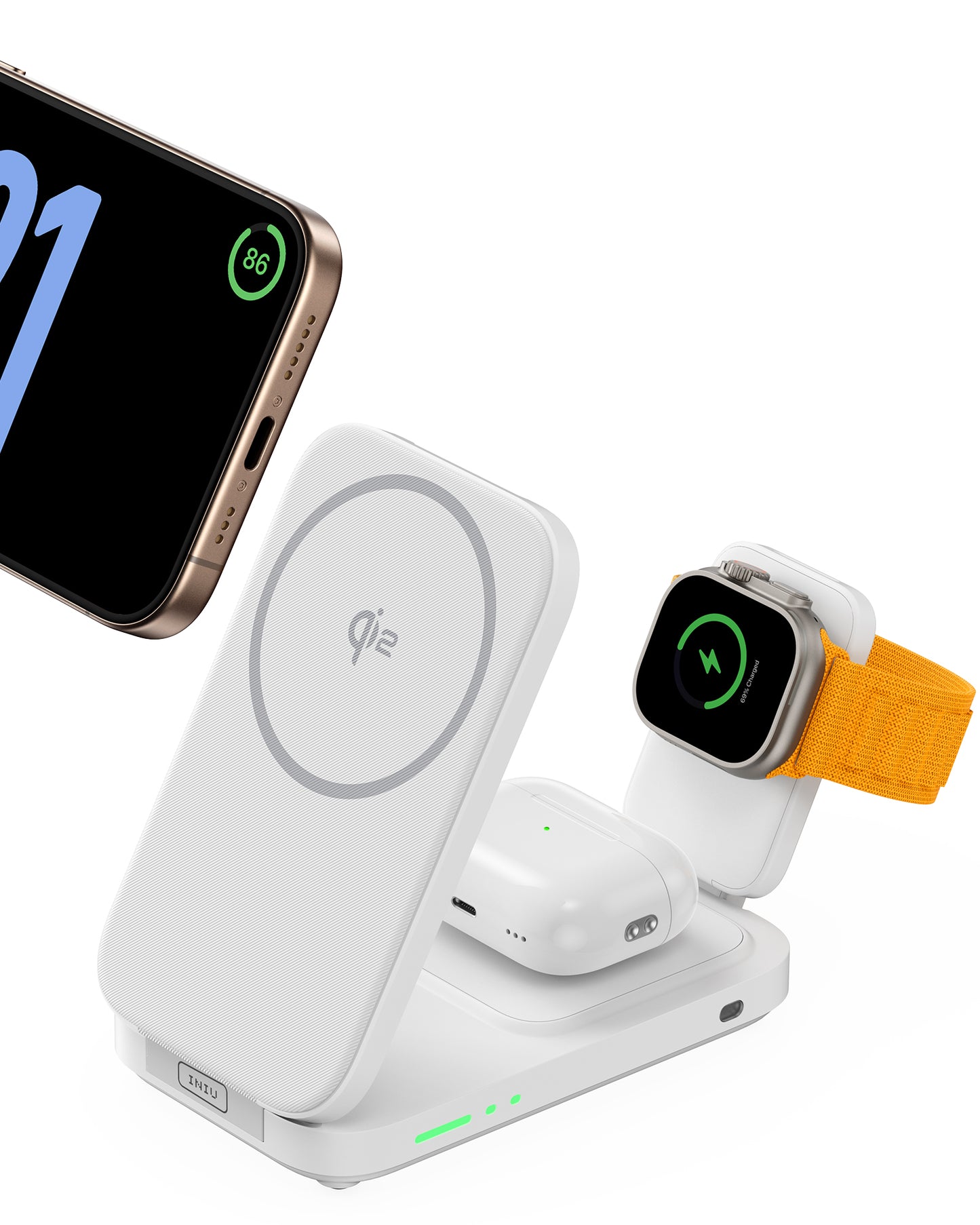 INIU SnapGo W31-E1: Qi2 3-in-1 wireless charger, charging iPhone, iWatch, and AirPods simultaneously.