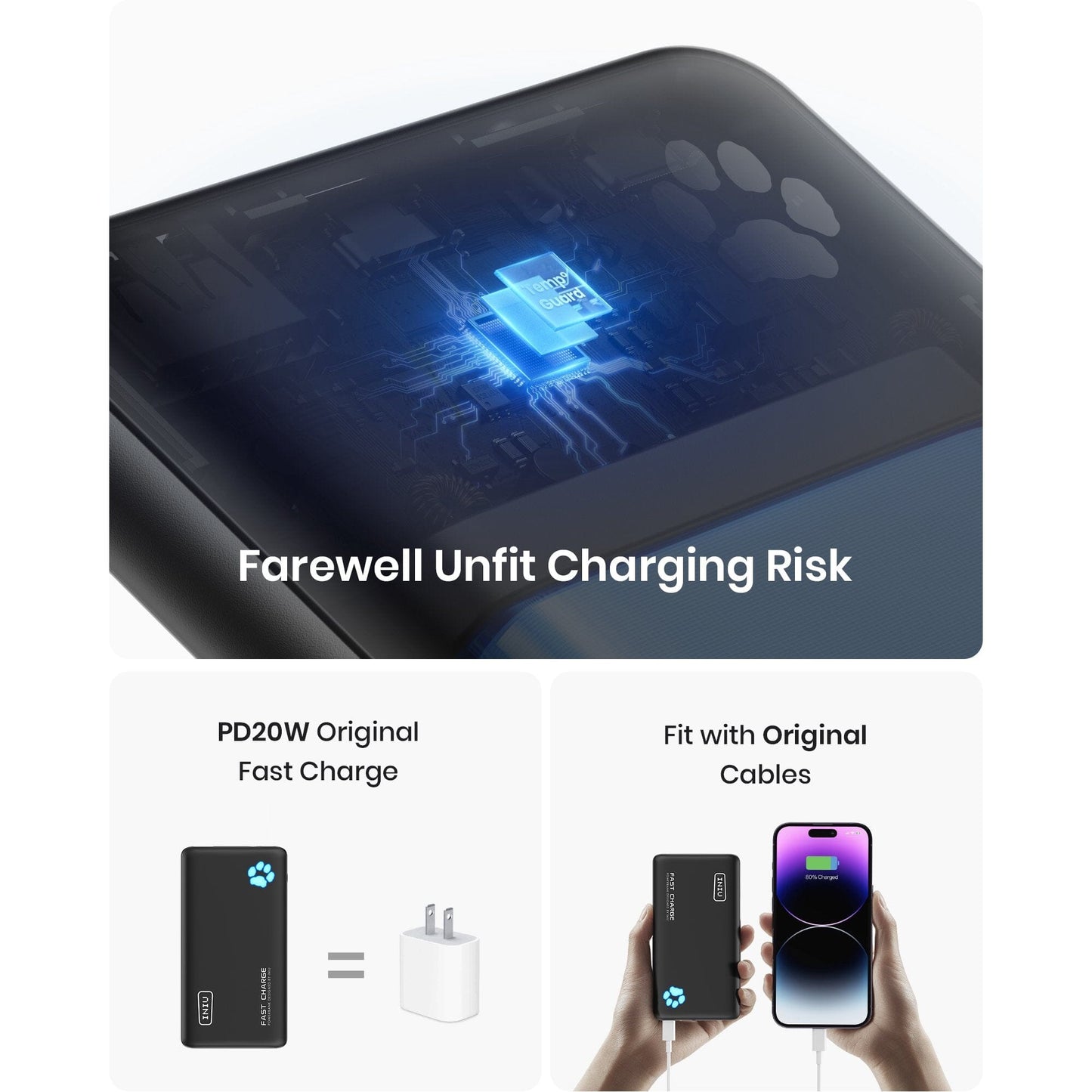 INIU B3 Portable Charger, 20W PD3.0 Fast Charging Slimmest 10000mAh Power Bank, Black