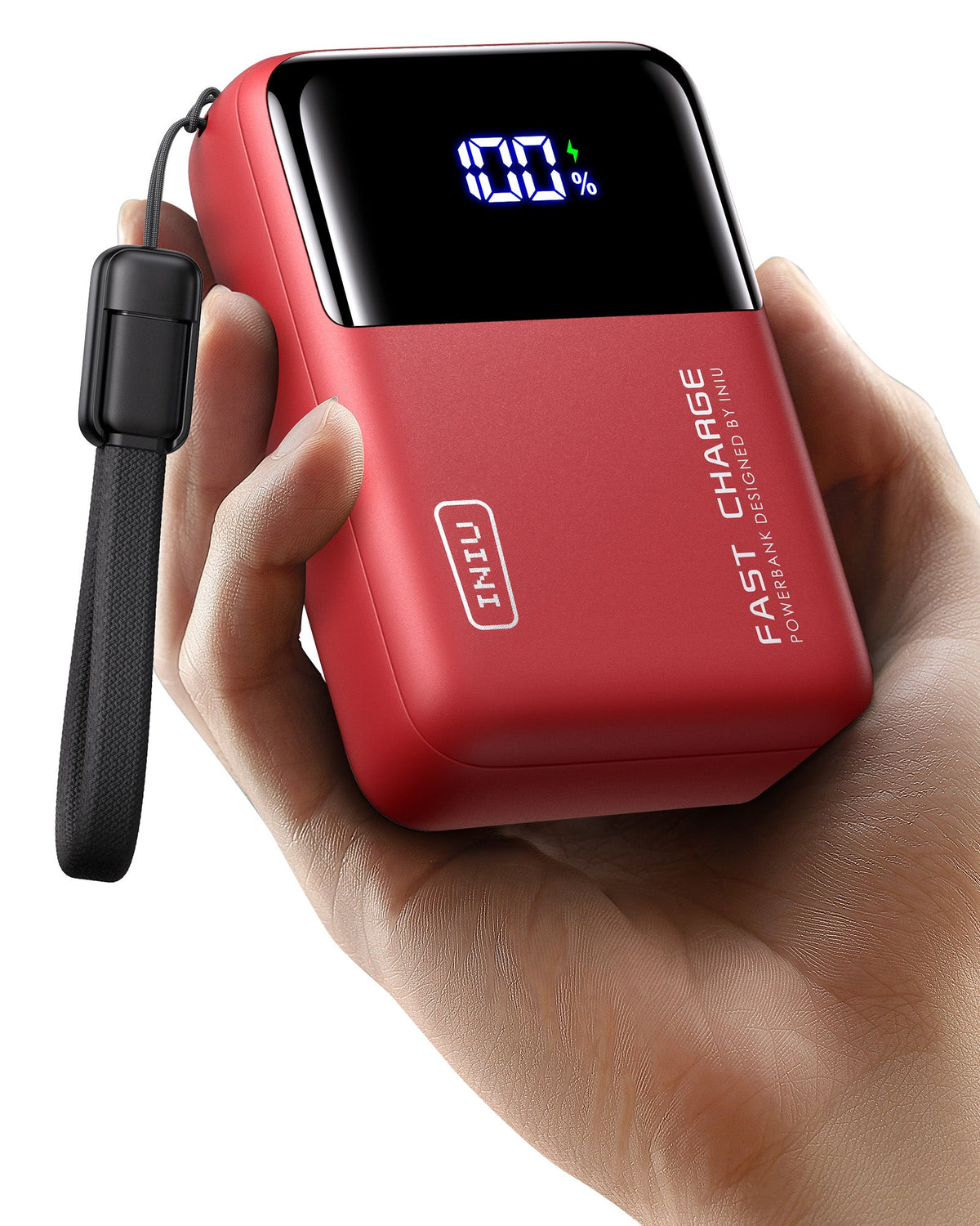 Red INIU 100W 25000mAh power bank in hand, 100% charged. Black Friday tech gifts for men, portable chargers on sale.