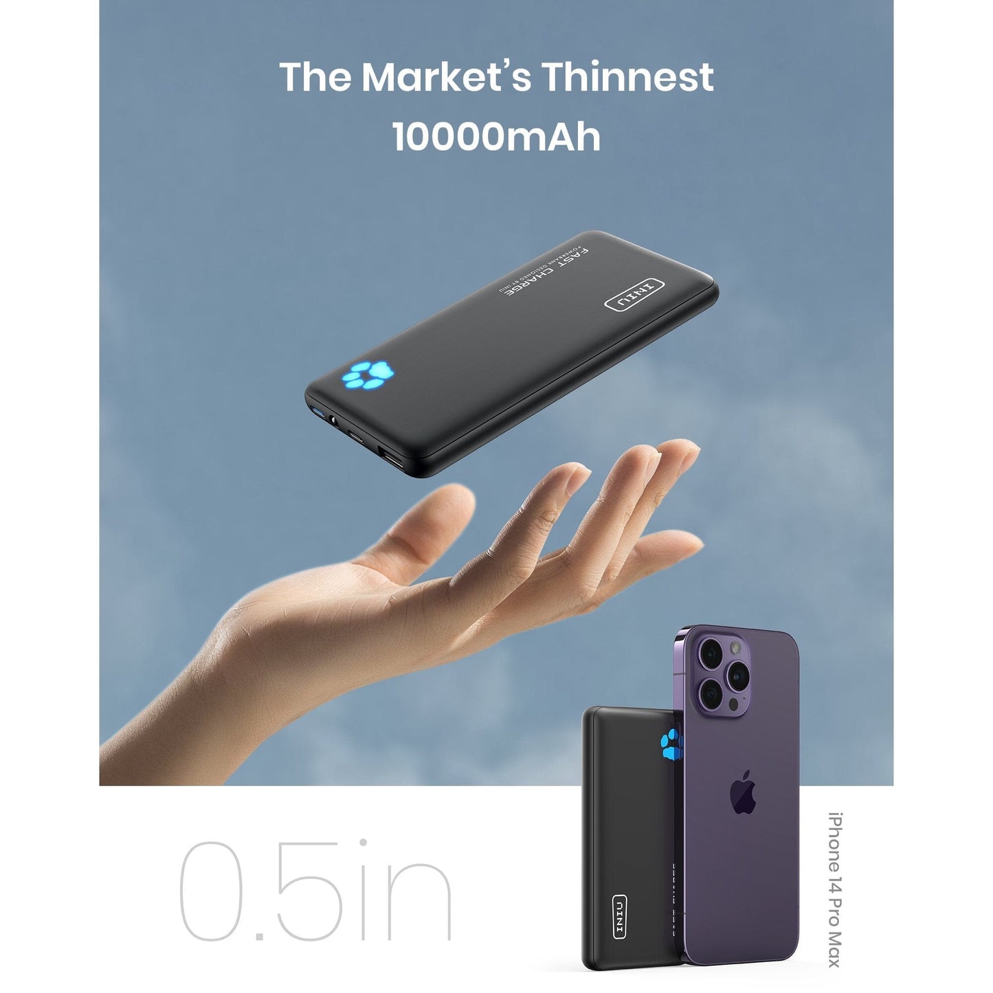 INIU B3 Portable Charger, 20W PD3.0 Fast Charging Slimmest 10000mAh Power Bank, Black